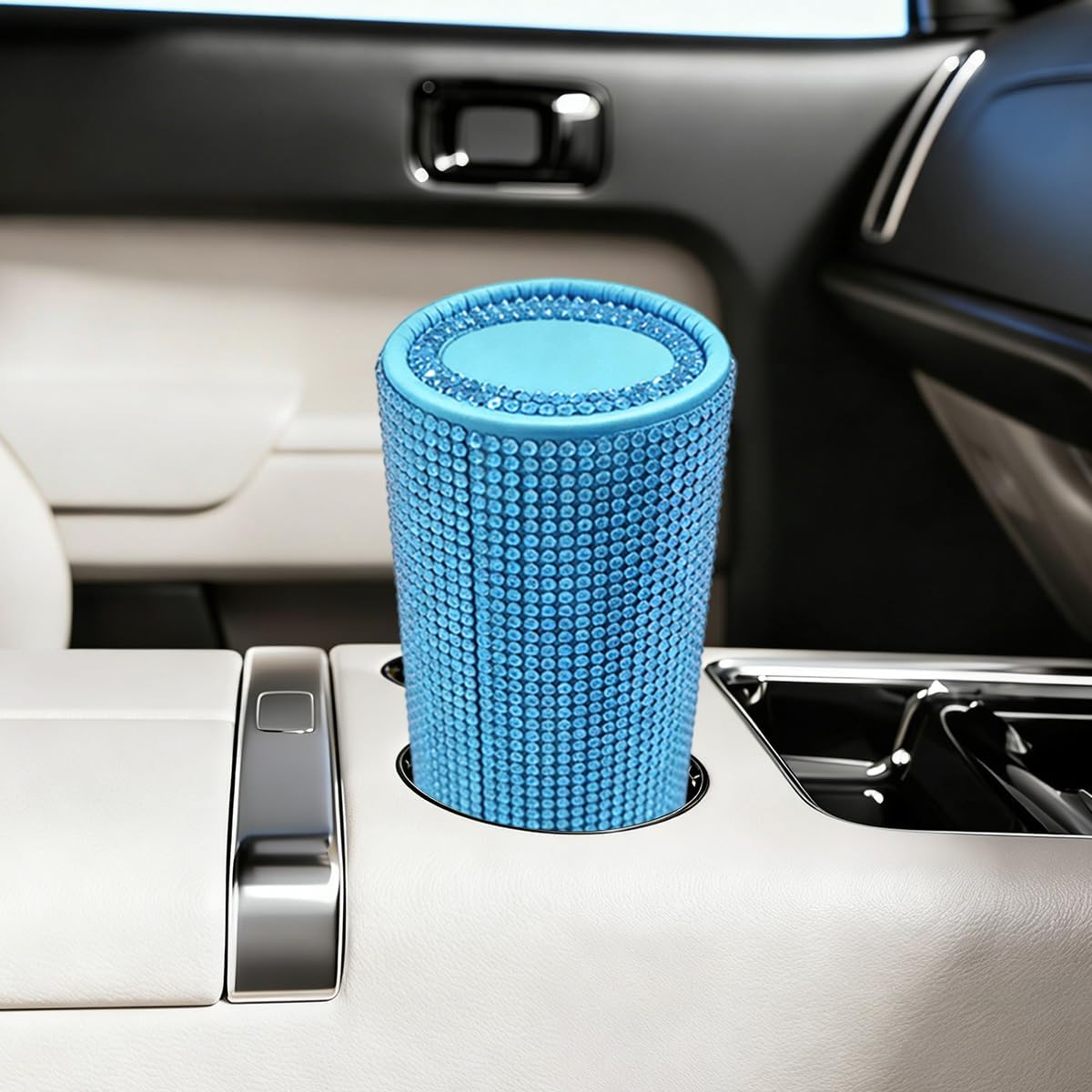 Craedli Bling Car Tissue Holder for Cup Holder, Sparkly Crystal Rhinestone Round Cylinder Car Tissue Box, Refillable Tissues Dispenser Auto Interior Paper Napkin Container with 1 Pack Tissues (Blue)