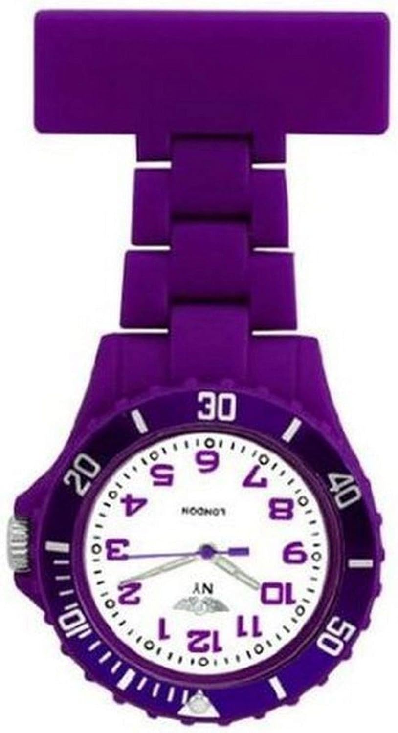 Prince London NY New York Rubberised Plastic Nurses fob Watch with pin - Dark Purple with White face