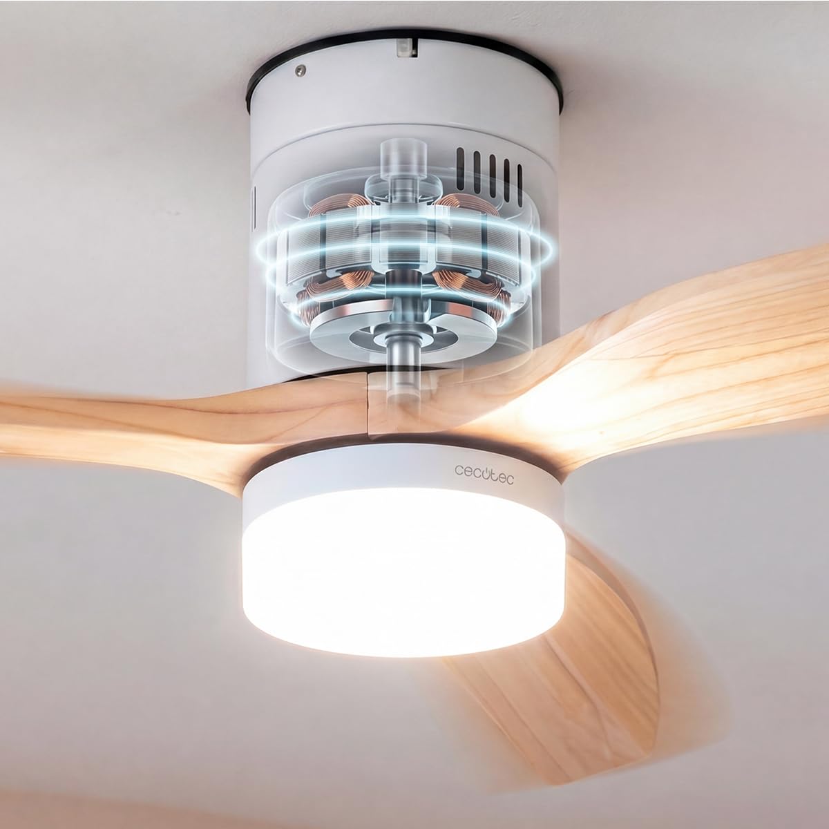 Cecotec EnergySilence Aero 4600 Arctic Steel&Sand, wentylator sufitowy ze światłem z pilotem zdalnego sterowania, silnik prądu stałego 38 W, średnica 132 cm, lampa LED 18 W, 3 łopatki, 6 prędkości