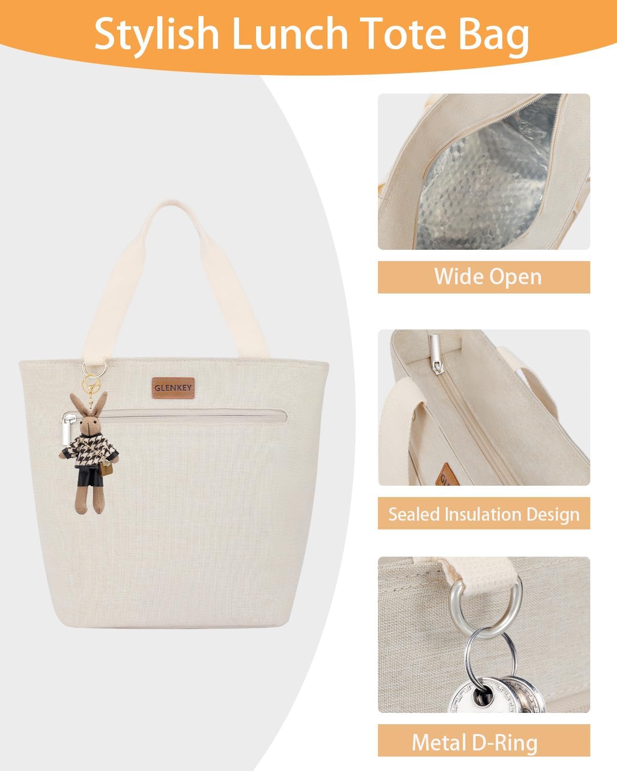 GLENKEY Insulated Lunch Bag Tote Lunch Box - Large Leakproof Cooler Bags for Adults - Soft Lunchbox for Women Work Shift Outdoor Travel Beige 8L - Image 4