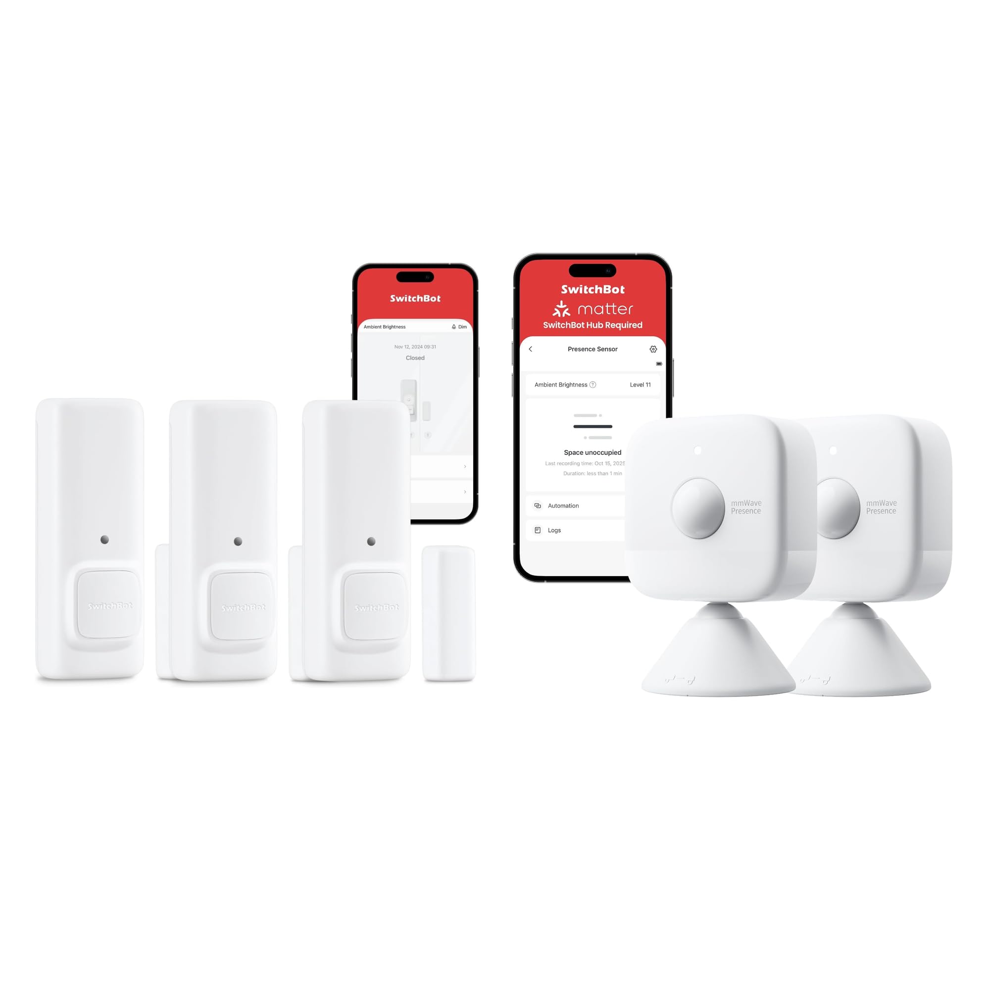 SwitchBot Sicherheitsset mit 3 Türkontakten und 2 Präsenzmeldern, 5er-Pack | Tür-/Fensterkontakt, mmWave, PIR, Lichtsensor, App-Alarm, Matter über Hub für Alexa, Apple Home, Google Home, Home Assistant