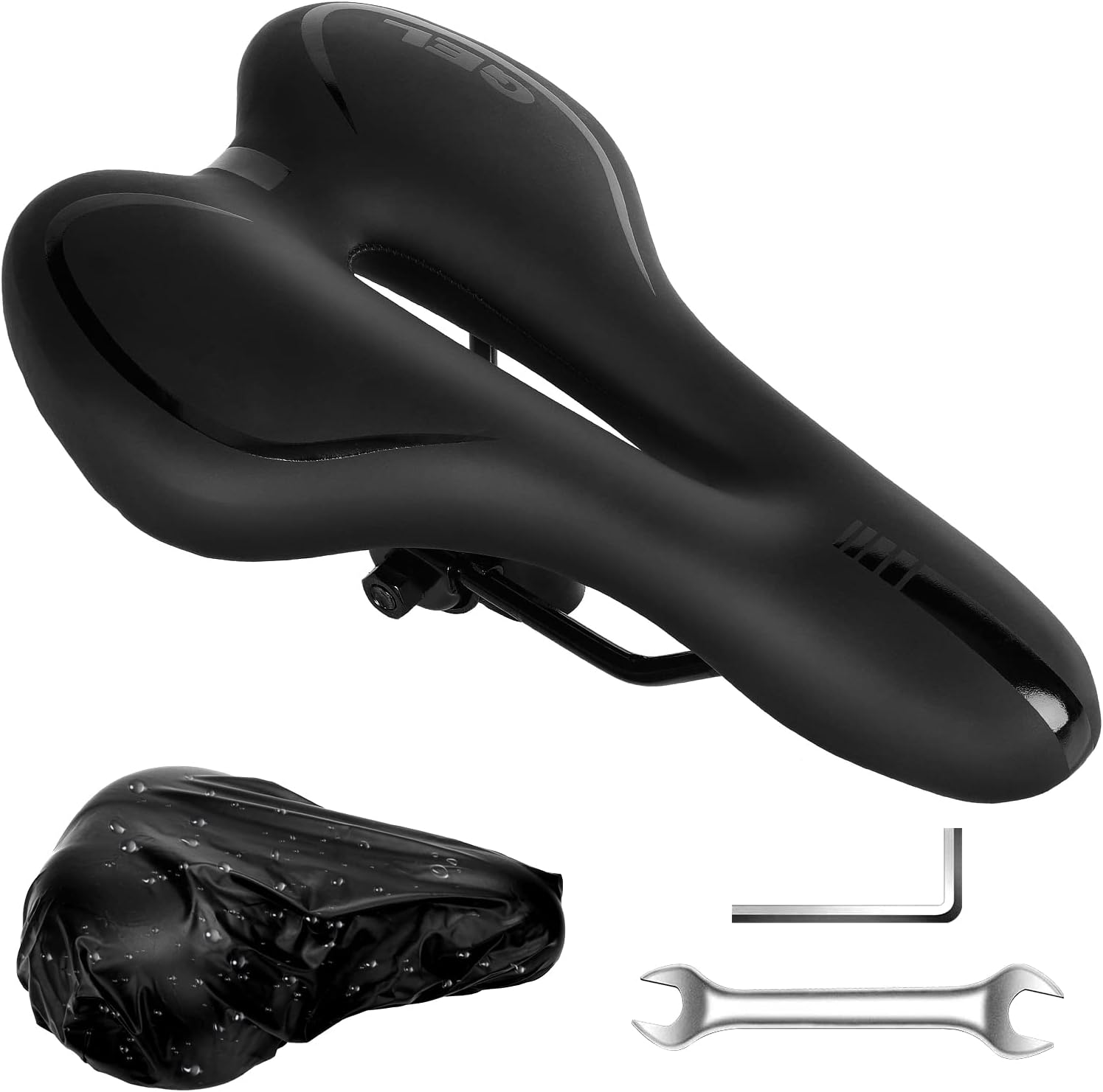 Homoto Gel Bike Seat, Ergonomic Design, Black, Bicycle Saddle with Rain Cover, Fits MTB/City/Road Bikes