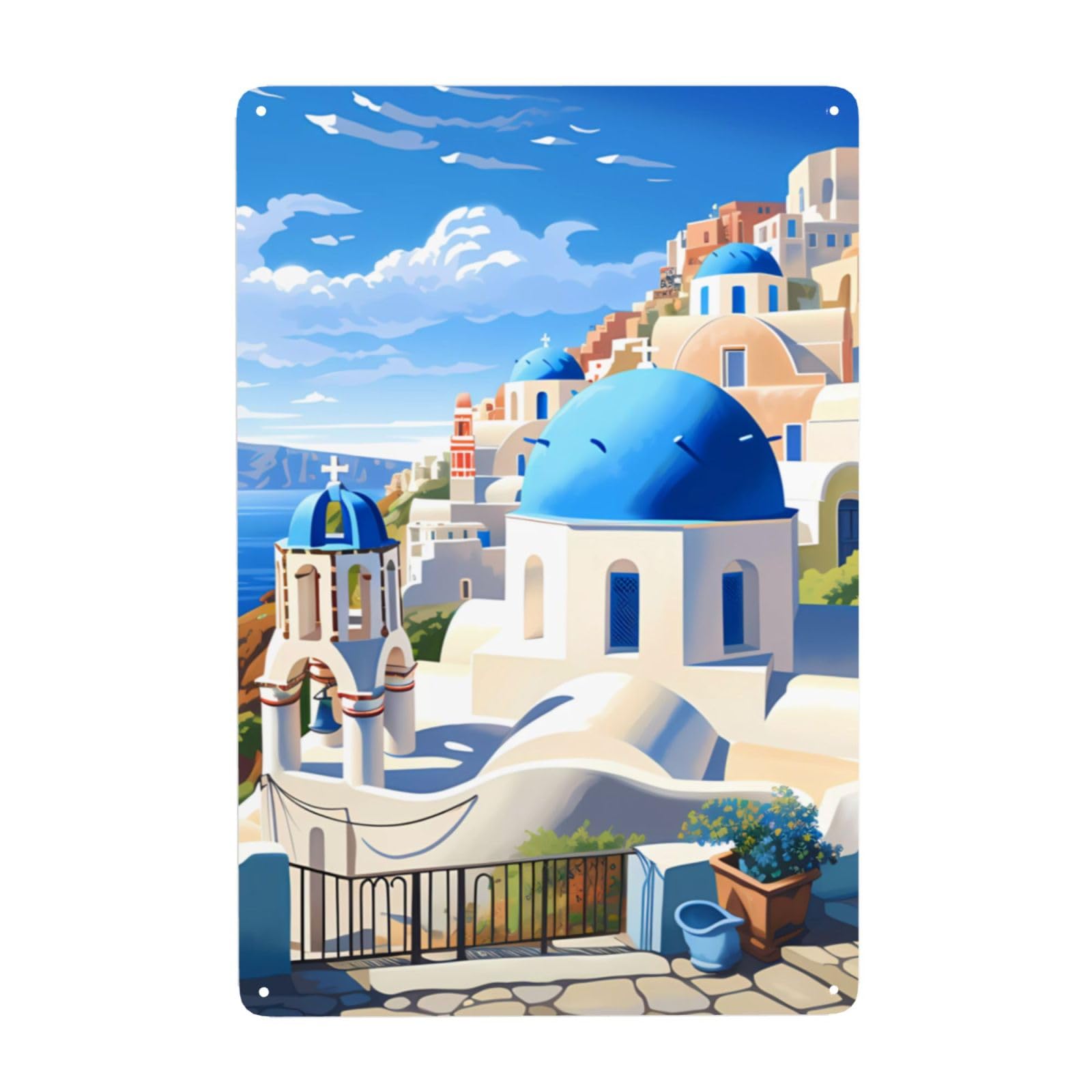 Yyhhaofa White Santorini Greek Island Sea View Prints Tin Decorative Painting 8X12in Made Of Tinplate, Wear-Resistant And Durable