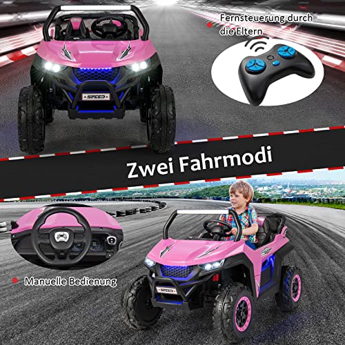 COSTWAY 2 Sitzer Kinderauto mit 2,4G Fernbedienung, 12V Kinder UTV mit Musik und Scheinwerfer, Elektro Auto 2-4 km/h, für Kinder ab 3 Jahren (Rosa)