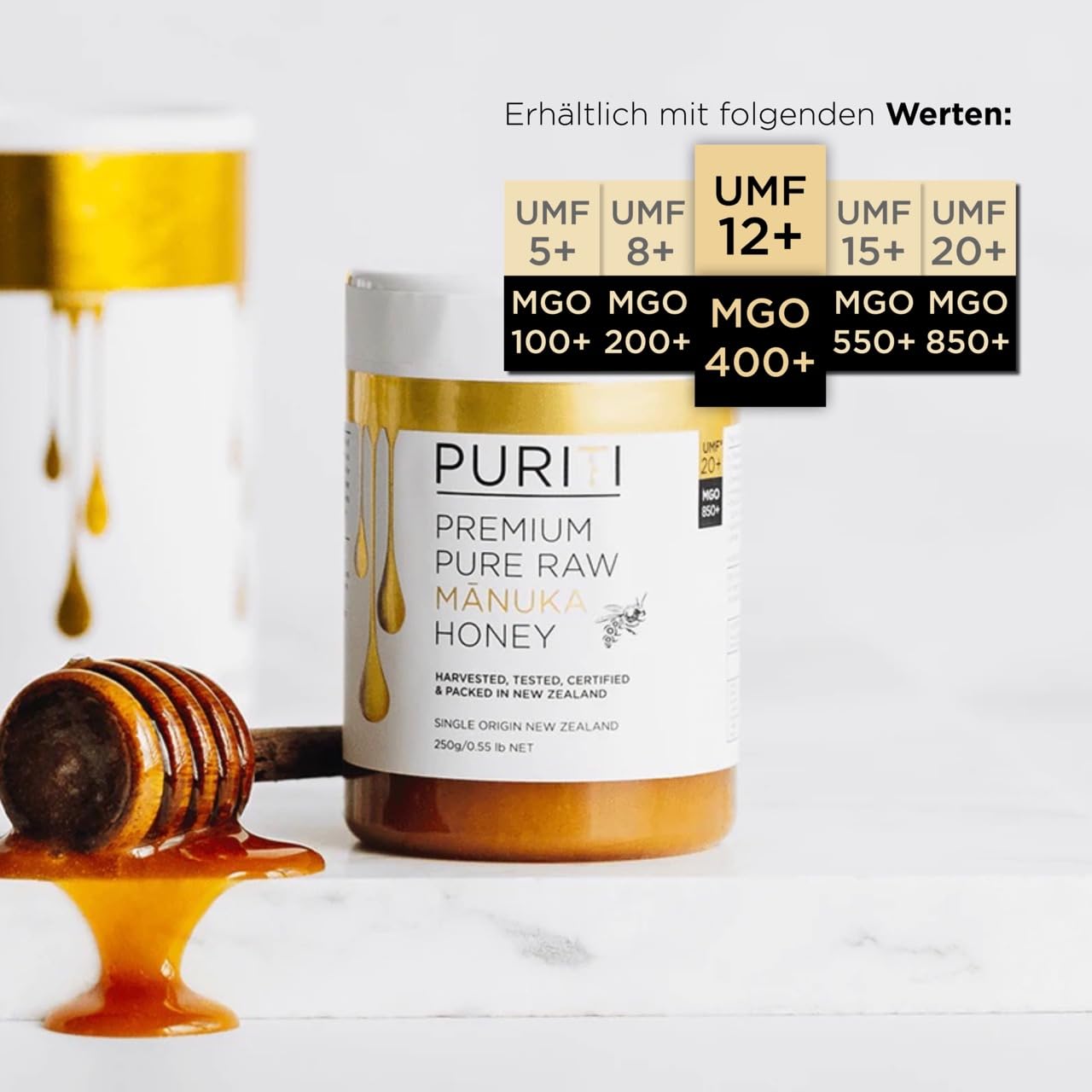 PURITI Manuka Honig MGO 400+ 500g aus Neuseeland mit zertifiziertem Methylglyoxal Gehalt - Laborgeprüft, Direktimport, reines Naturprodukt, frei von Zusatzstoffen