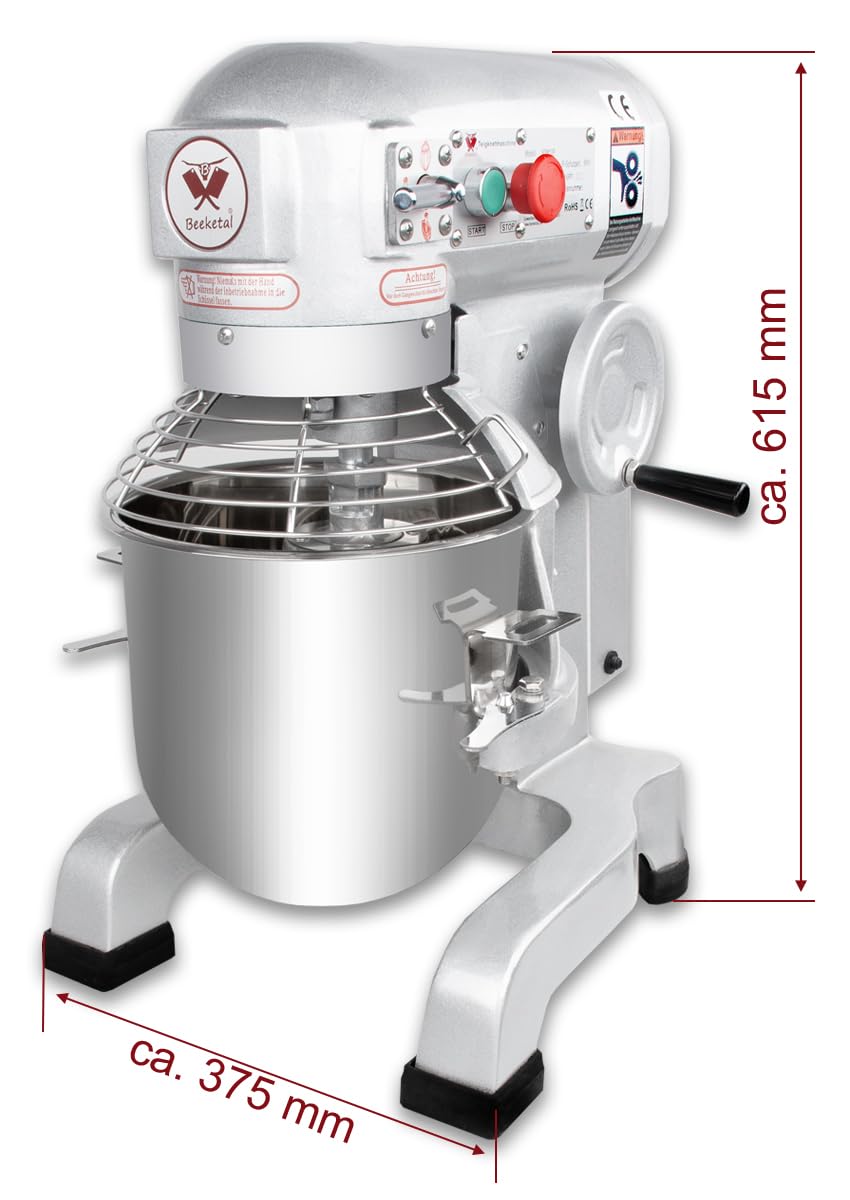 Beeketal 'BSM10P' Profi Teigknetmaschine mit Planetenrührwerk 10 Liter Kapazität (3 Stufen 105, 170, 340 U/min), Knetmaschine inkl. Knethaken, Schneebesen und Flachrührer - silber lackiert
