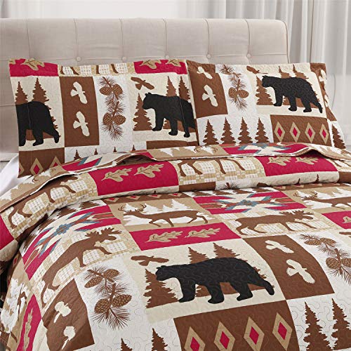 Rustic Quilt Set Full/Queen Size (90"X90") Lodge Cabin Bed Spread Lightweight Coverlet Reversible Bedding Set Deer Bear Bedspreads Wildlife Patchwork Plaid Bed Cover Country Decor With 2 Pillow Shams #TOP1