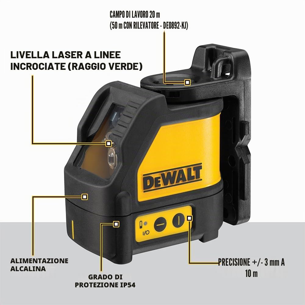 DEWALT DW088CG-XJ, Tracciatore laser con raggio verde, classe 2. 2 linee a croce orizzontale e verticale. Precisione +/- 3mm a 10 metri. Raggio di utilizzo 30 metri. 3 x alcaline tipo AA
