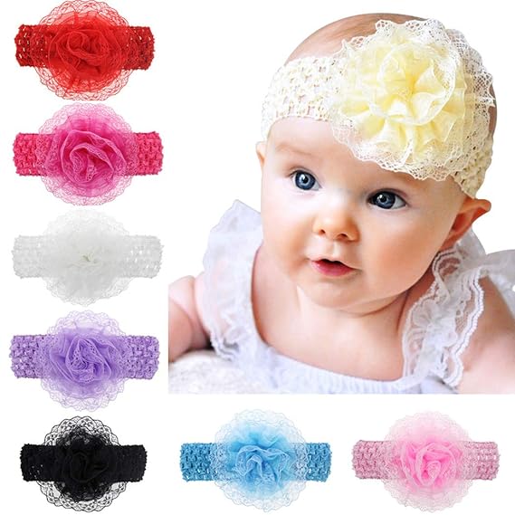 Baby Basics Company Crochet Cutwork Flower Headband for Baby Girls (Multicolor, Pack of 6)
