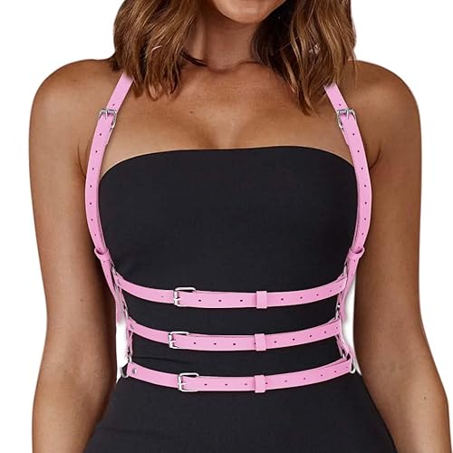 BODIY Women High Waisted Belt Punk Rock Belts Festival Body Chain Rave Accessories Gothic 3 Leather Belt - Pink