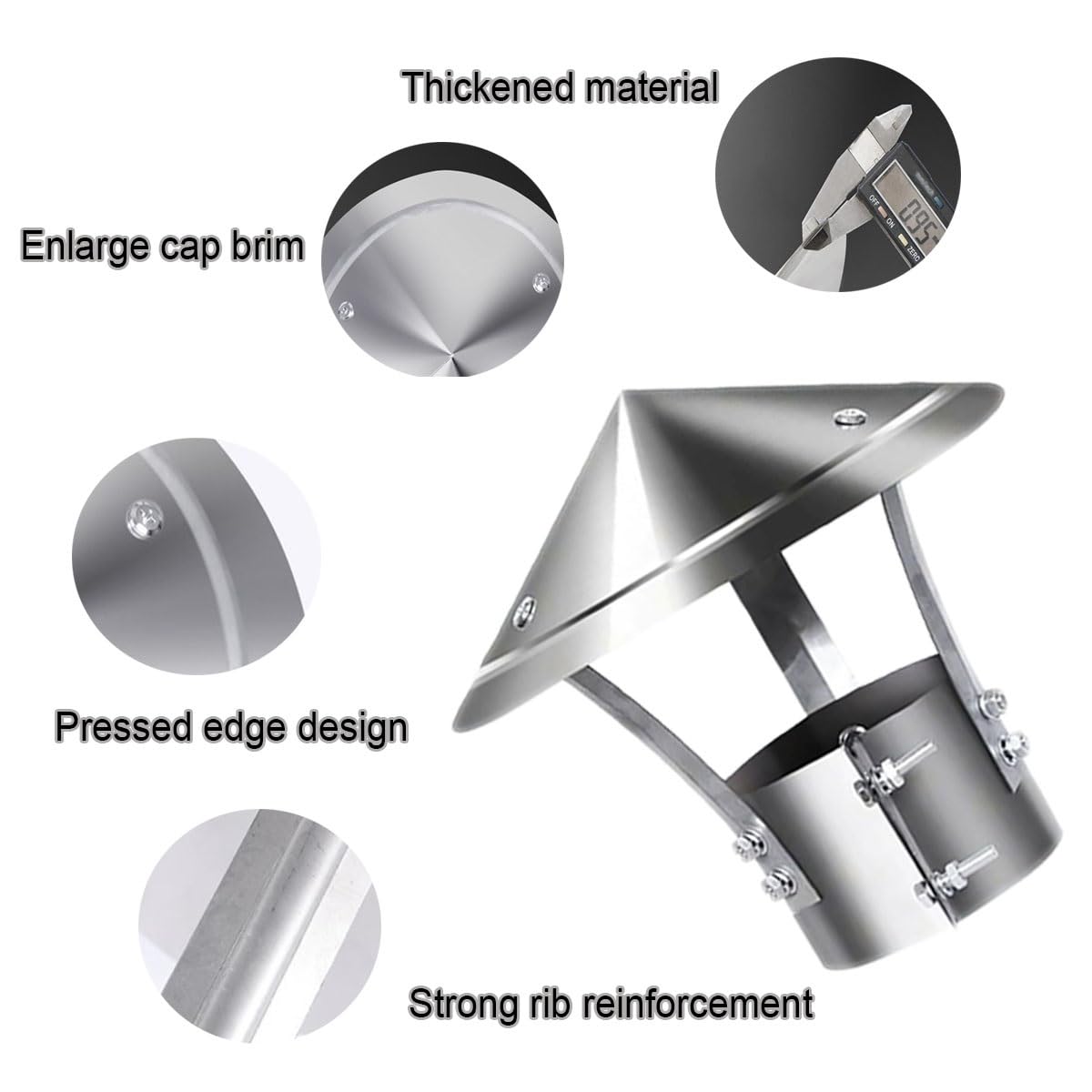 3.1/3.9/5.9/7.9/9.8in Acciaio Inox Cappello per Camino Bolt-On Copertura per Camino Adjustable Fascetta Universal Cappuccio da Tetto per sfiati Cono Top Cappello per Camino(200mm/7.9")