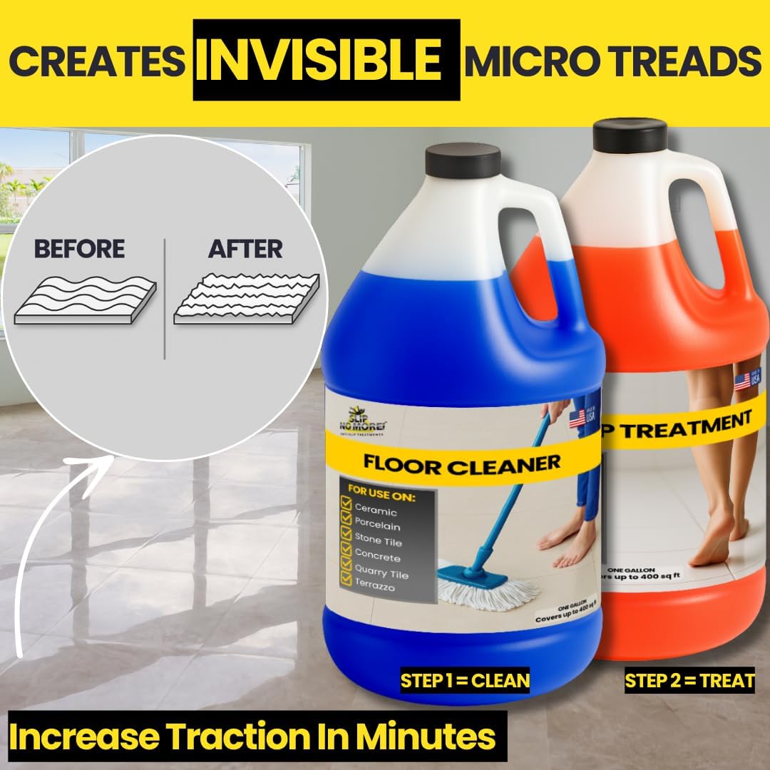 Anti Slip Tile Treatment (Gal Set) Non-Slip Floor Treatment for Grip on Stone, Porcelain & Ceramic. Indoor & Outdoor, Residential & Commercial Slip Prevention, Works Fast for Lasting Traction