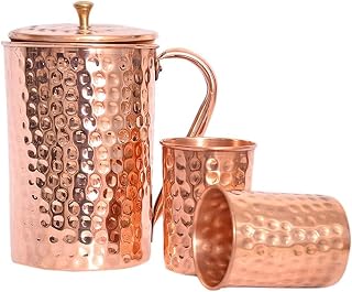 Hammered Copper Knobe Water Pitcher and Glasses Set Jug with Lid And 2 Glass for Ayurveda Health Benefit