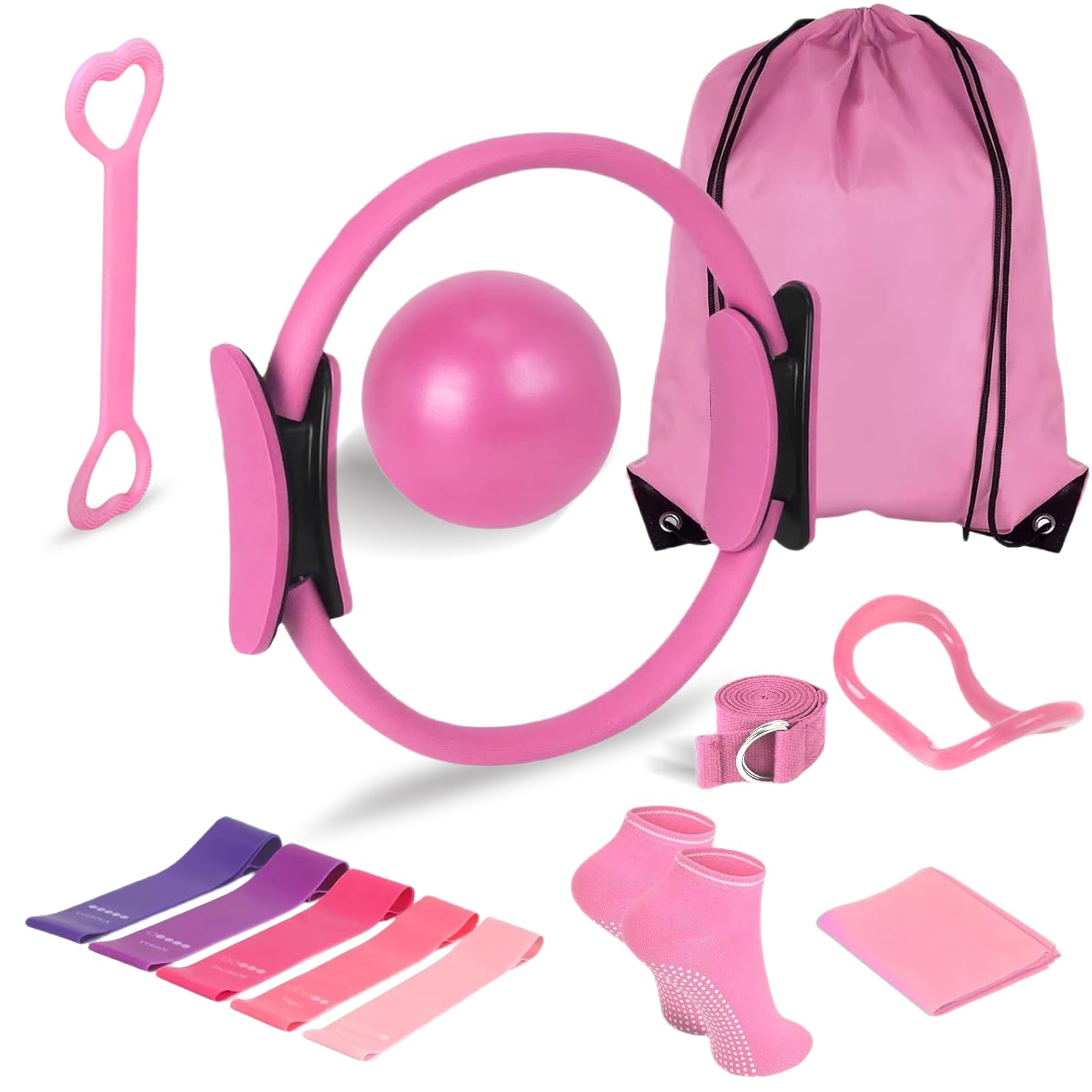 CHSEEO Pilates Kit Essential Equipment Set Home Workout for Women Yoga, 13" Magic Circle Ring, 10" Exercise Ball, 9 Types of Resistance Bands and Pedal Stretching for Thigh Glute Ankle Arm Training