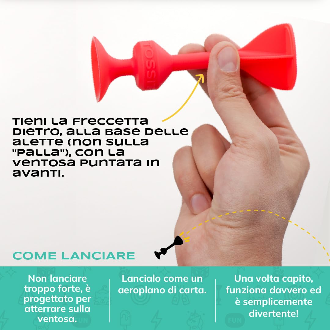 TOSSIT Gioco di Lancio Divertente con Ventosa, Interni Esterni, Si Attacca a Muri, Finestre, Pavimenti, Alternativa Freccette, Bocce, Pétanque, Famiglia, Amici, Twin Pack, Rosso Ciano Blu Giallo