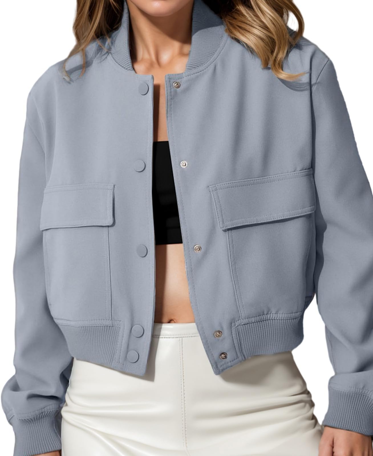Modegal Women's Spring Varsity Bomber Jackets Long Sleeve Cropped Button Down Casual Coat with Pockets Outwear