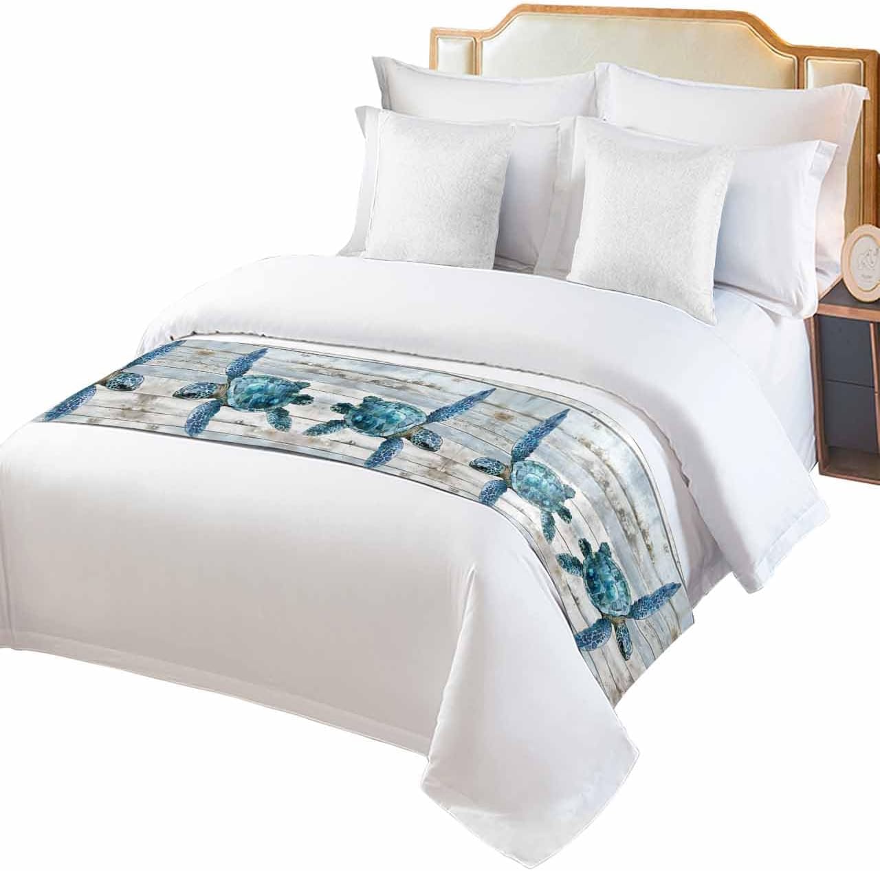 Yukro Bed Runner Scarf, Blue Turtle Vintage Wood Grain Farmhouse King Bed Scarf Runner, No Fading Decorative Bedding Scarf for Bedroom Hotels Homes and Guestrooms