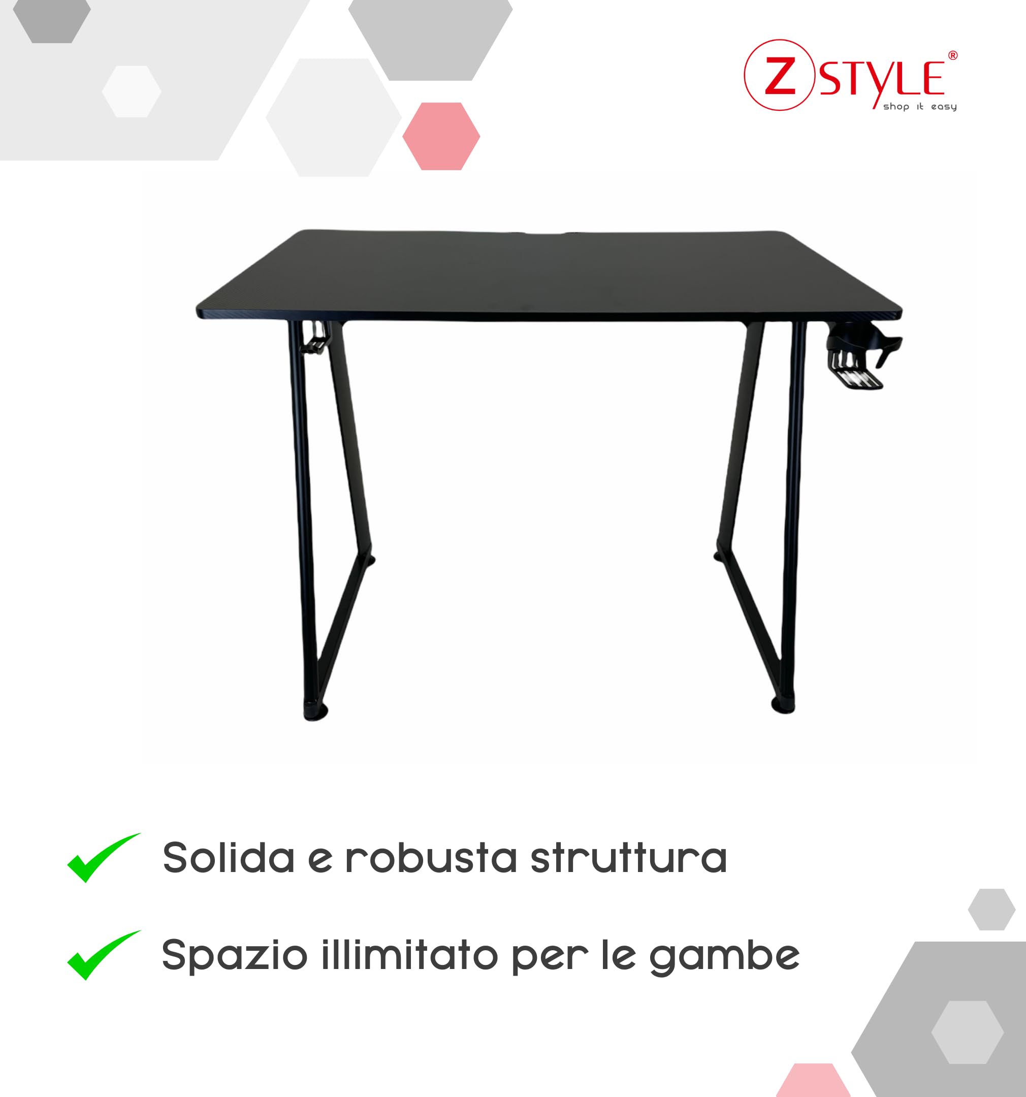 ZStyle Tavolo scrivania da Gaming Desk Postazione Computer Carbonio porta Cuffie Portabicchiere Laptop da Gioco Gestione Cavi Ergonomica Gamer (S)