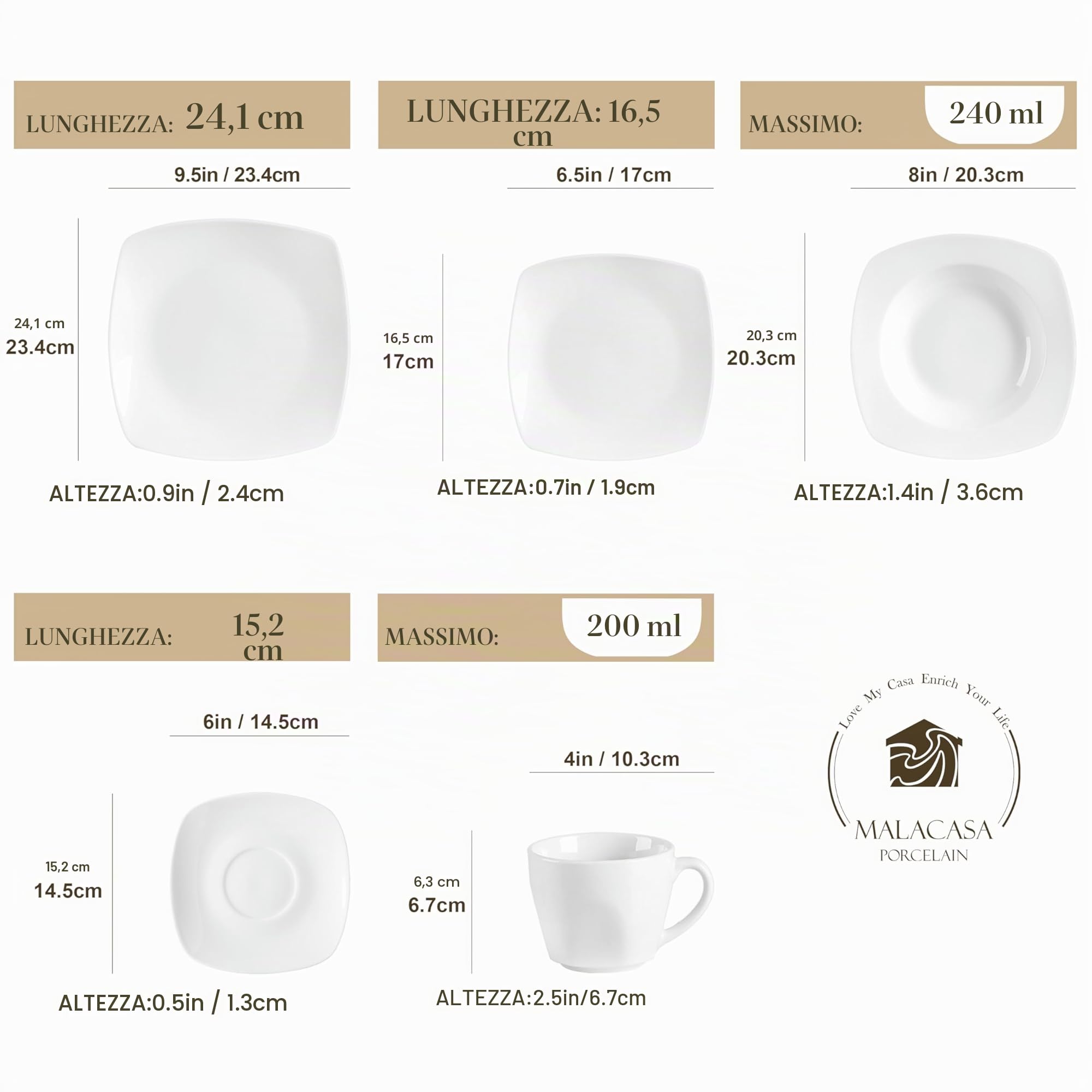 MALACASA, Serie Julia, Servizio di Piatti Stoviglie Servizio da Tavola in Porcellana Set da caffè 60 Pezzi con 12 Tazze, 12 Piattino, 12 Piatti da Dessert, 12 Piatti Fondi, 12 Piatti per 12 Persone