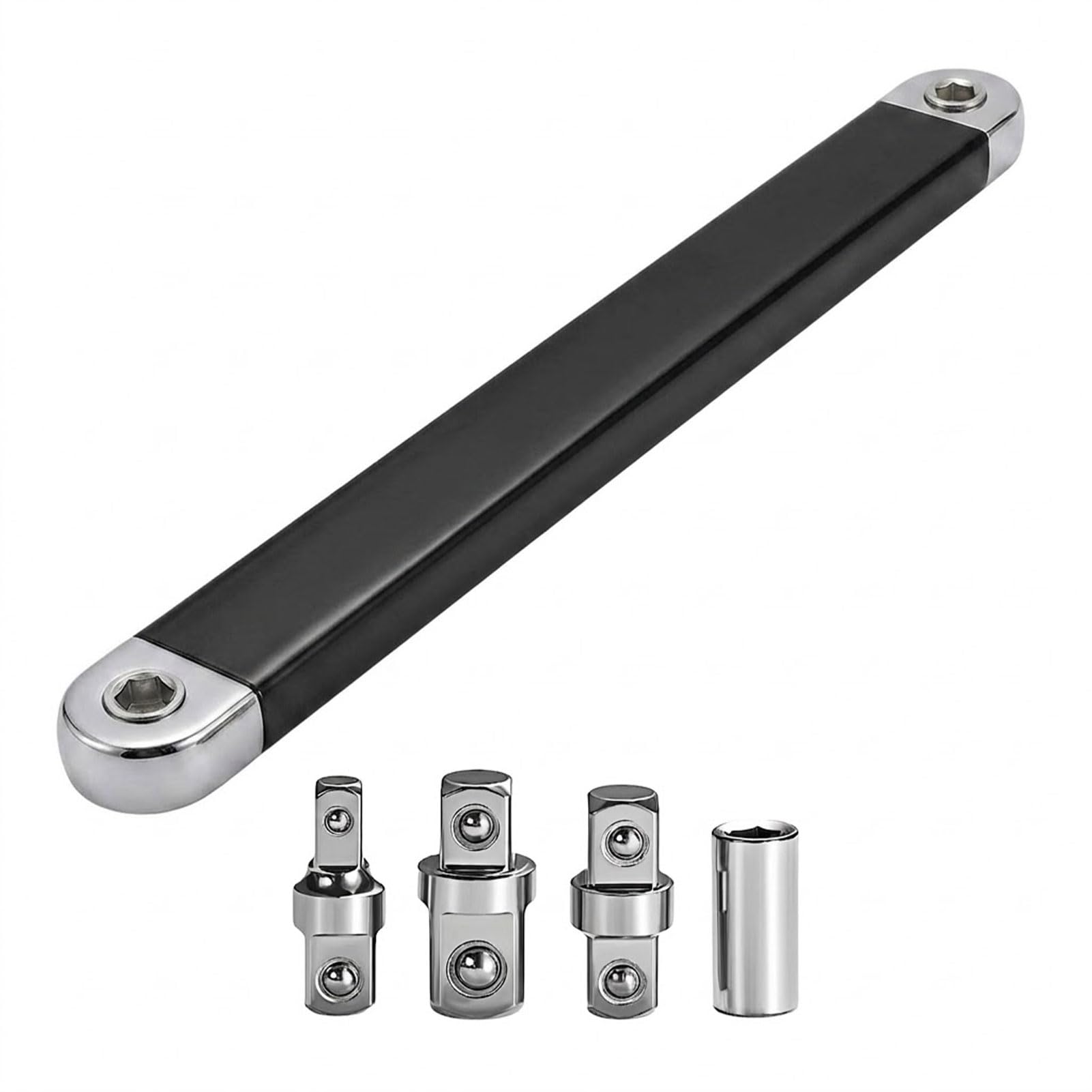 Offset Extension Wrench, 15.4" Zero-Degree Chain-Drive Extender, 0.63" Ultra-Thin Profile with 1/4" 3/8" 1/2" Adapters - Reaches Tight Space Automotive Engine Bolts (Black)