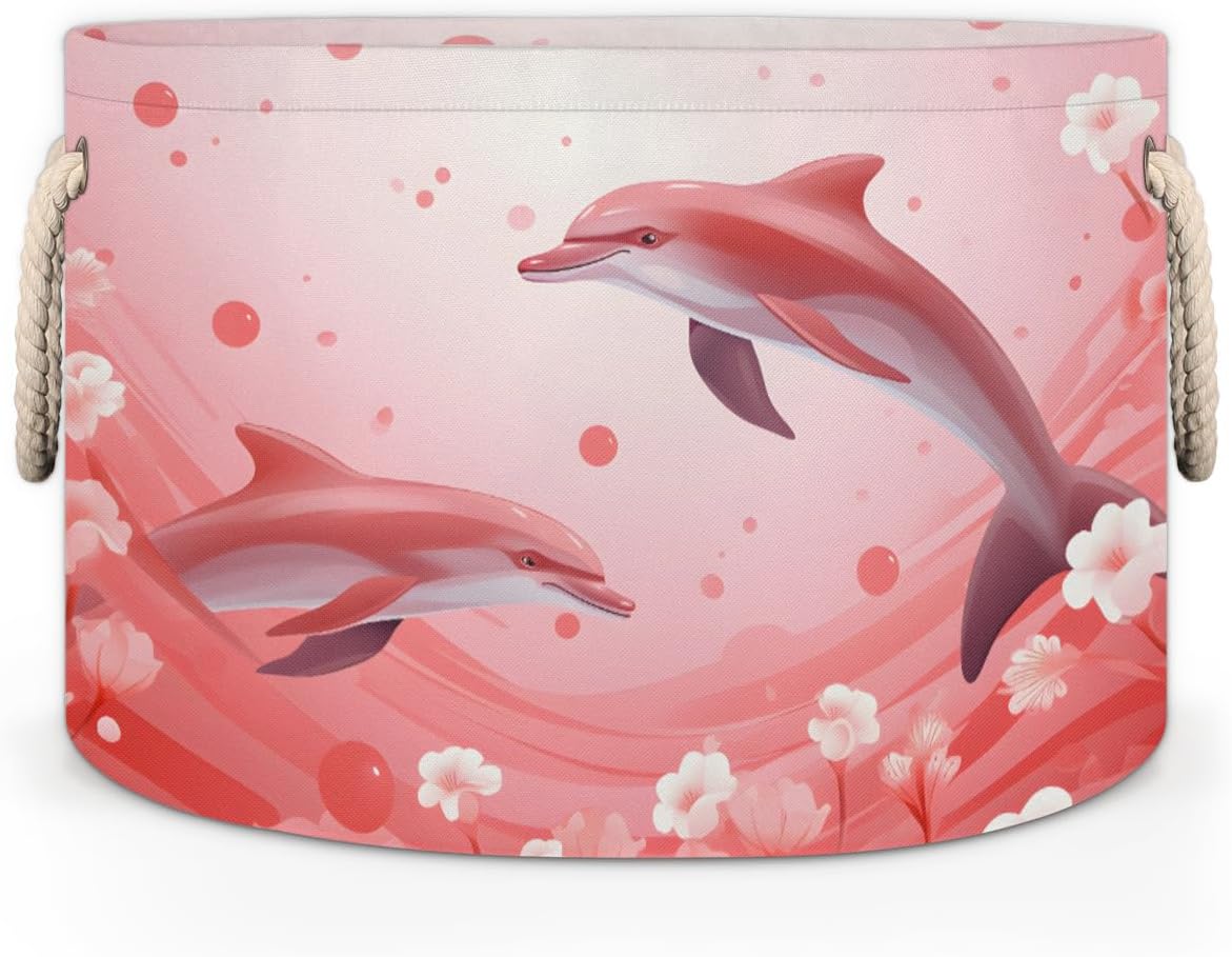 Dolphins Round Baby Gift Baskets,Red Round Decorative Storage Box Canvas Fabric Organizer with Handles,Baskets Bin for Home Shelves Closet Nursery Gifts