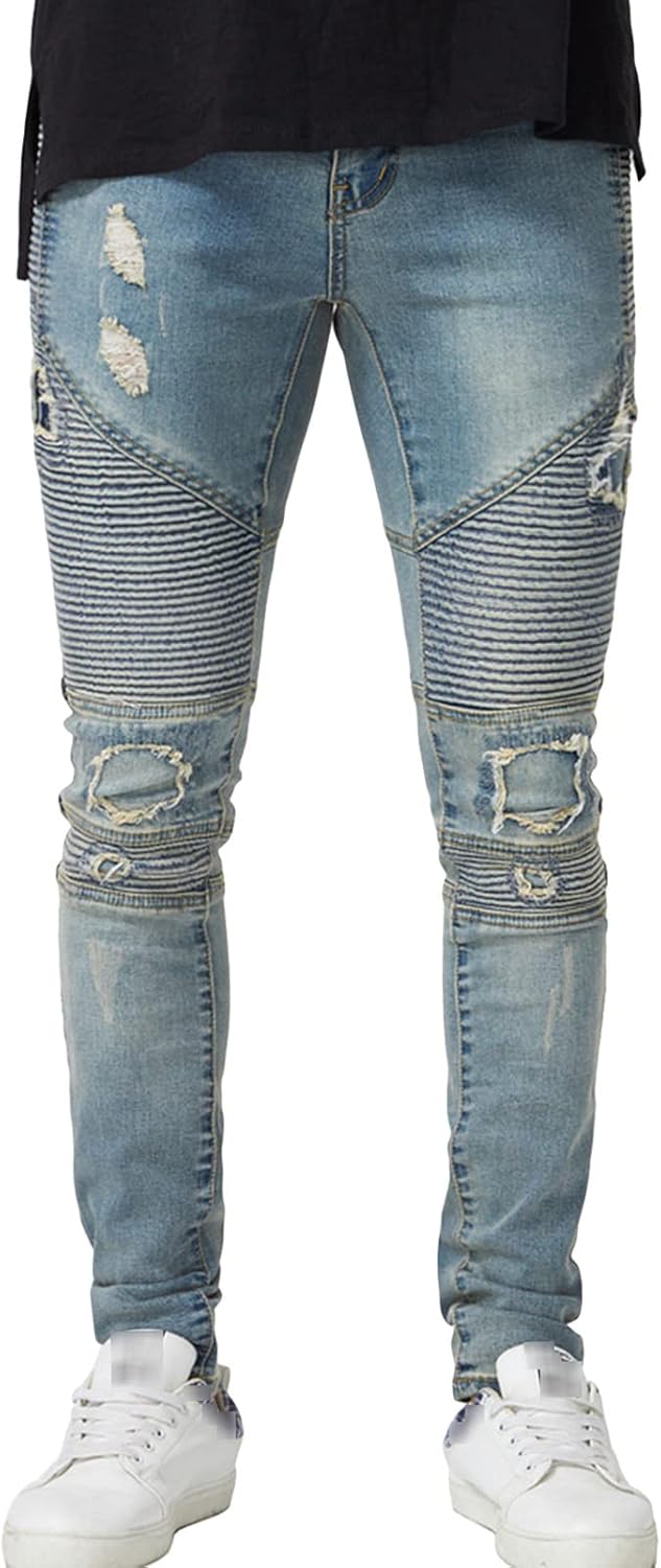 JEsilunmaMY Men's Pleated Biker Jeans Mid Waist Distressed Skinny Ripped Denim Pants Retro Slim Fit Destroyed Pencil Trousers