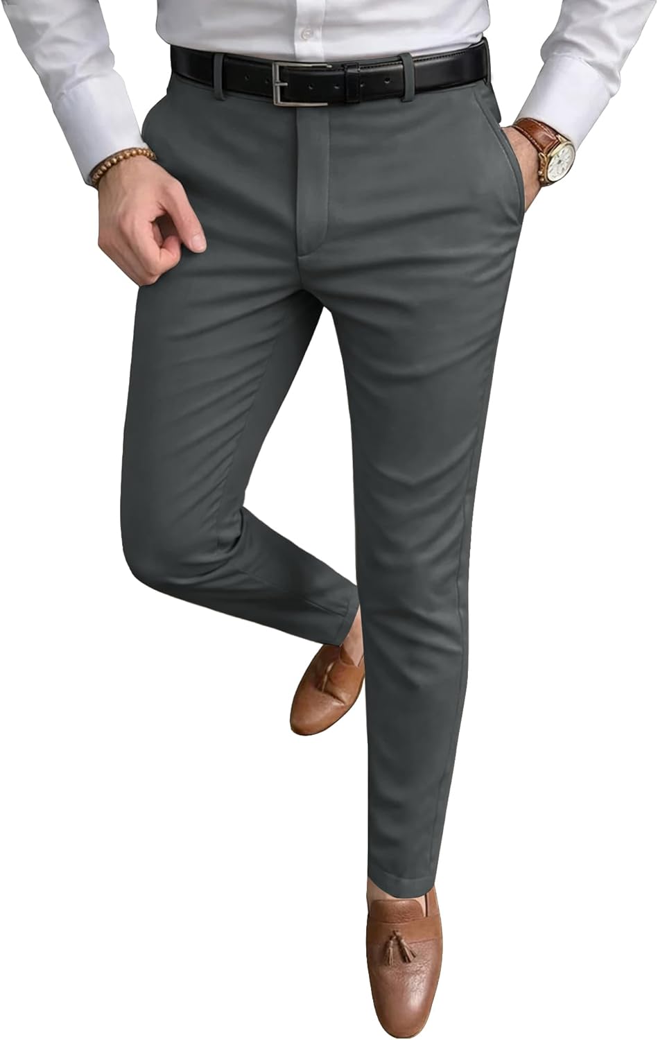 Ntrlv Men's Slim Fit Stretch Dress Pants Business Casual Skinny Tapered Chinos Trousers with Expandable Waist