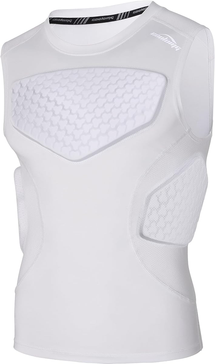 COOLOMG Camiseta de fútbol acolchada para hombre adulto Camiseta interior protectora de pecho con costillas | Camiseta de compresión de fútbol Rugby Lacrosse Protección de espalda