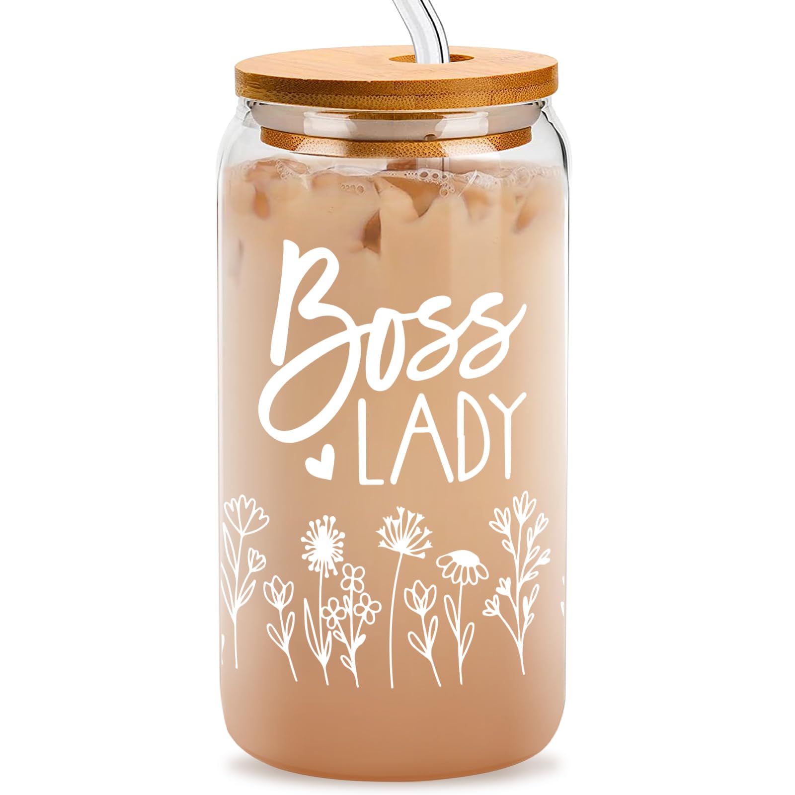 Jutasty Boss Lady Gift, Boss Birthday Gifts Ideas, Best Boss Gifts for Women Boss Leader Manager, Office Farewell Gifts for Boss, Lady Boss Day Gifts, 16oz Coffee Glass Can Cup with Lid and Straw