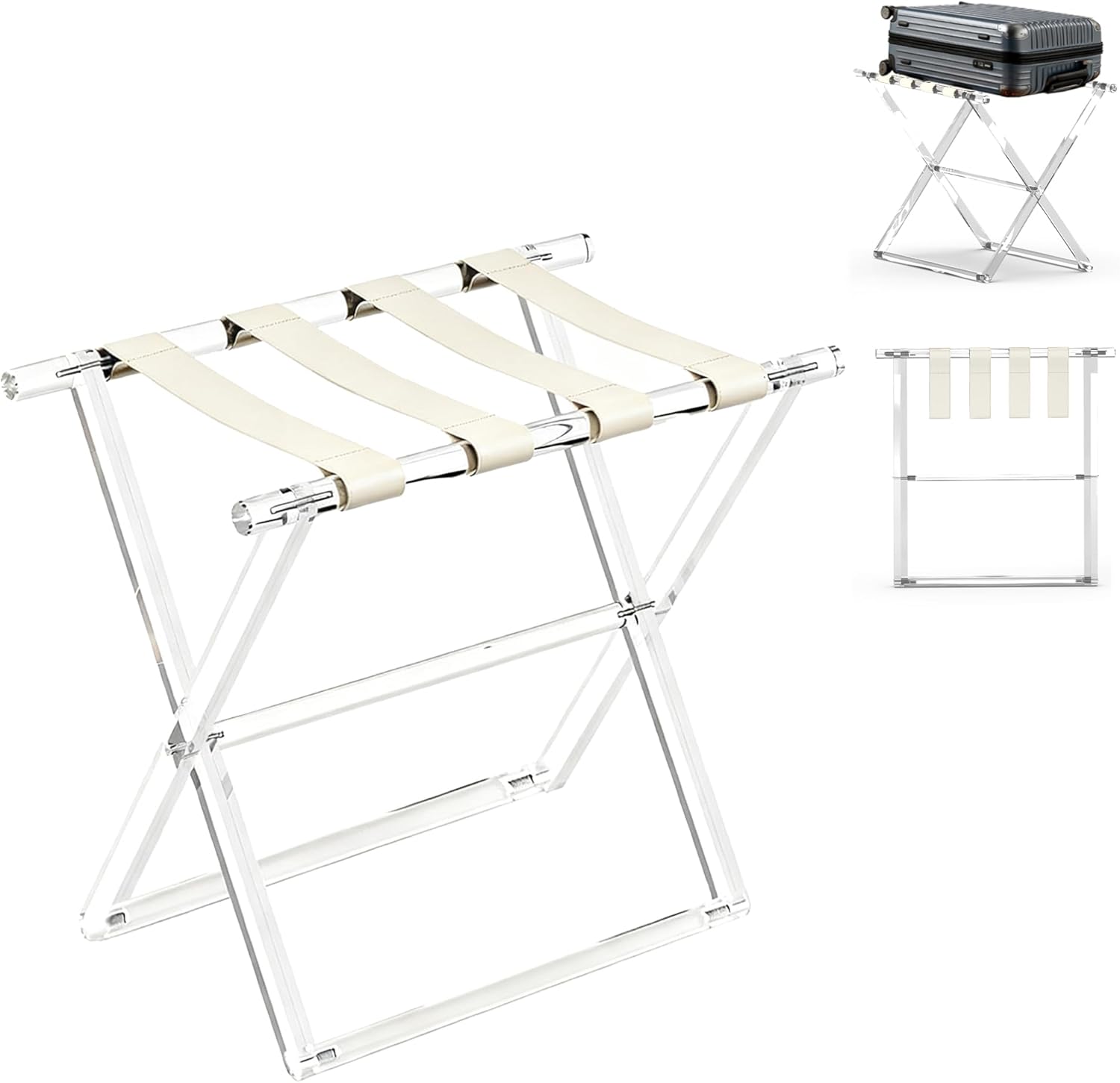 Acrylic Luggage Rack for Guest Room,Folding Luggage Rack with Leather Straps,Holds up to 120 lbs Suitcase Stand for Bedroom, Living Room and Hotel (Beige Leather)