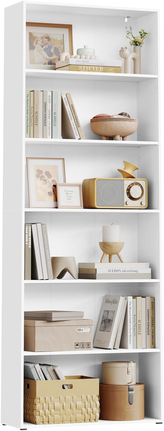 WOLTU SK052ws 6-Tier Bookshelf in a living room setting, filled with books and decorative items.