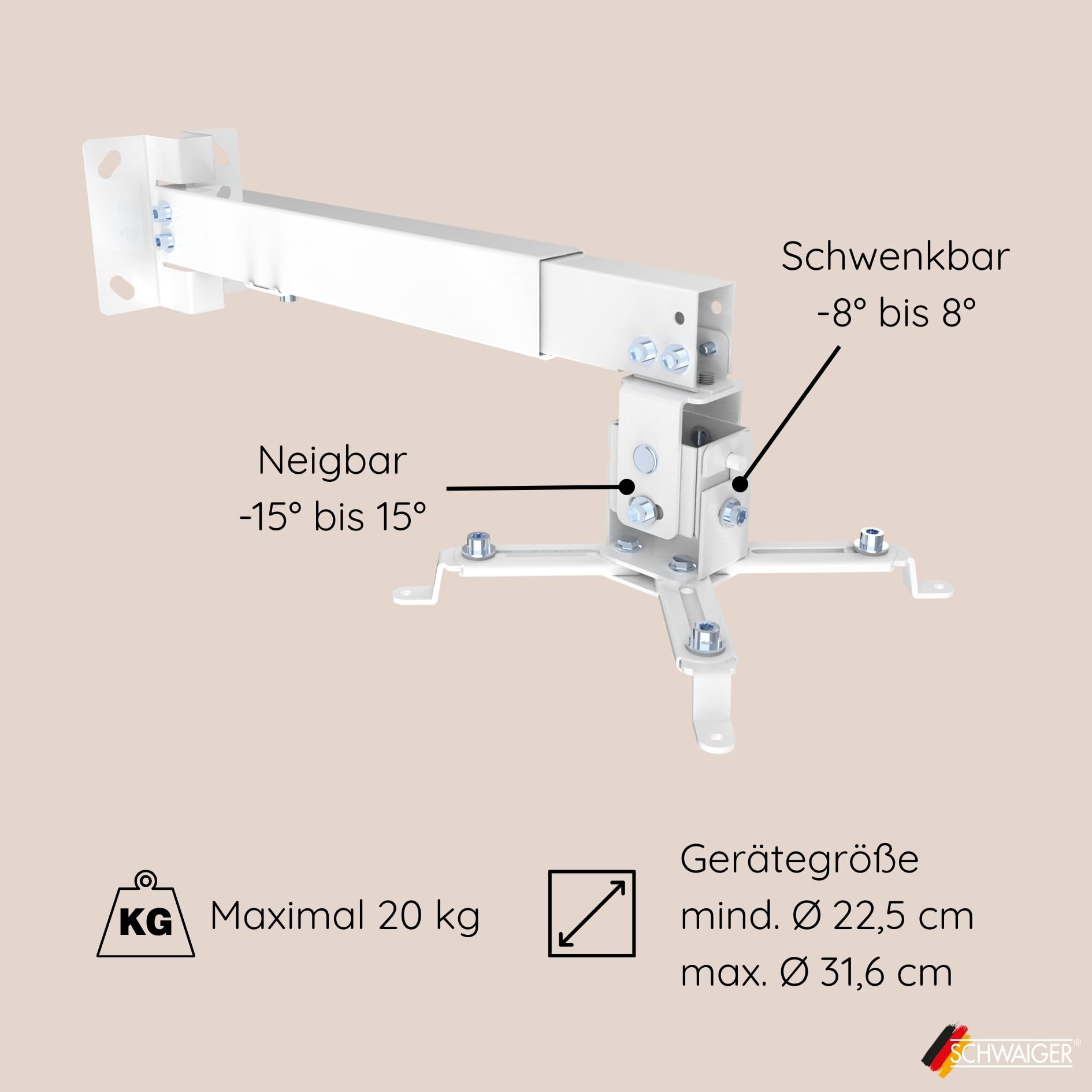 SCHWAIGER 9468 Support Plafond pour vidéoprojecteur Support Mural Universel pivotant inclinable Max. 20 kg Blanc