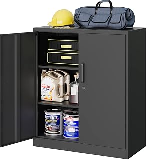 MIIIKO Metal Storage Cabinet with Locking Doors, 2-Door Storage Locker with 2 Shelves, Black Metal Cabinet with Lock for Home Office, Garage, Utility Room, Kitchen and School