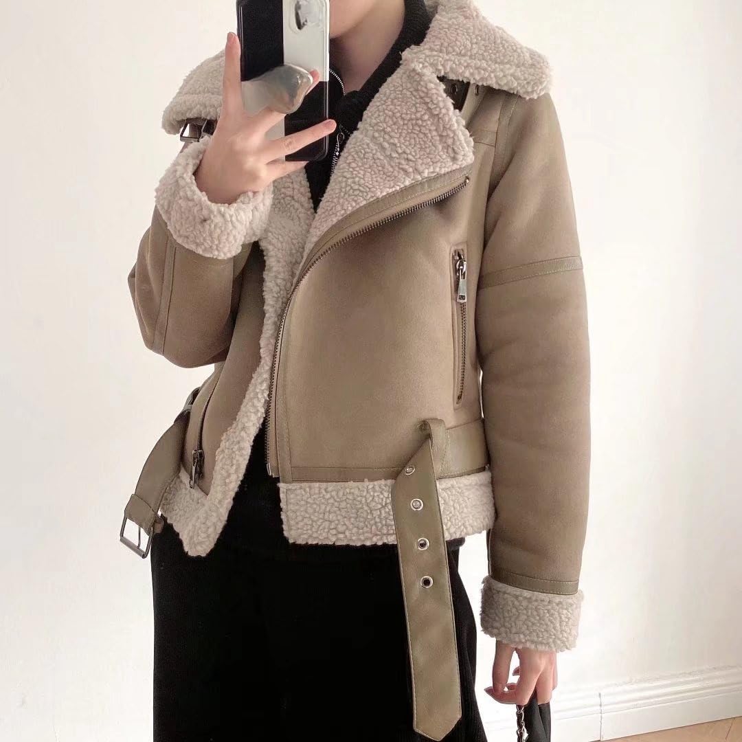 Damen Wildleder Sherpa Lederjacke Warm Fleece Winter Bomberjacke Motorrad Biker Sherpa Gefütterter Mantel Pelzkragen Winter Flieger Ledermantel Windbreaker