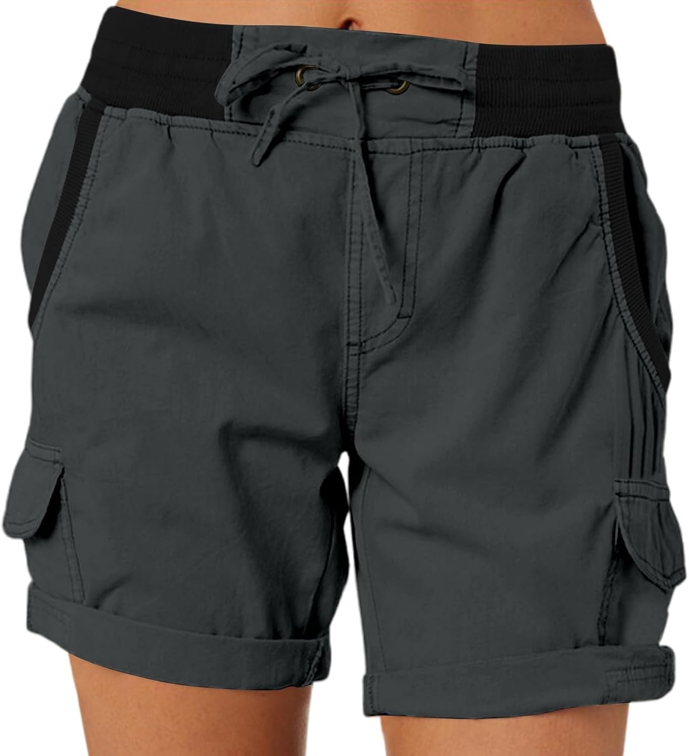 Women Cargo Shorts Summer Drawstring Elastic High Waisted Short Pants Casual Vintage Color Bolck Shorts with Pockets