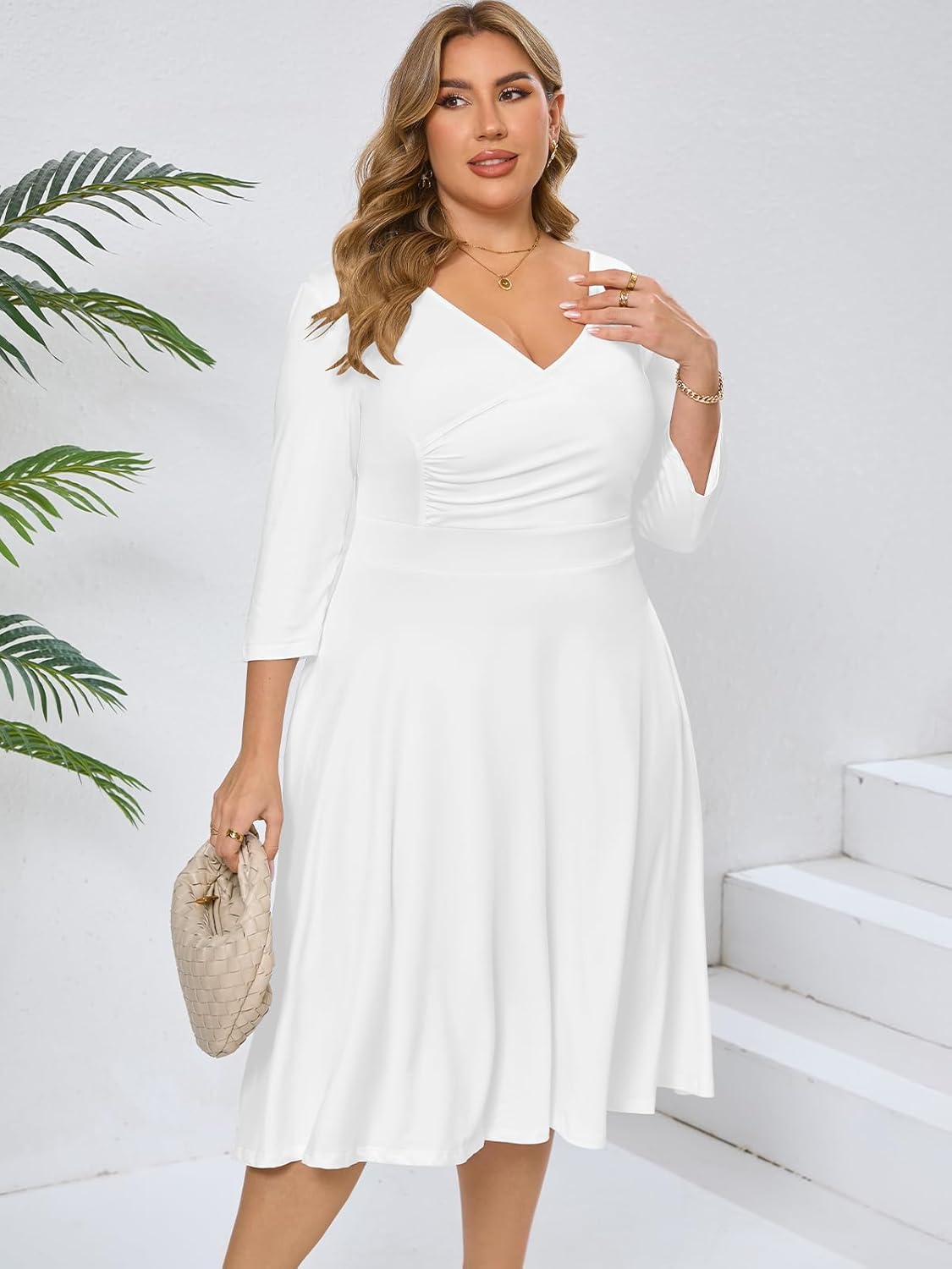 Plus Size Dress for Women - 3/4 Sleeve A-Line V-Neck Swing Flowy Casual Midi Dresses with Pockets - Image 3