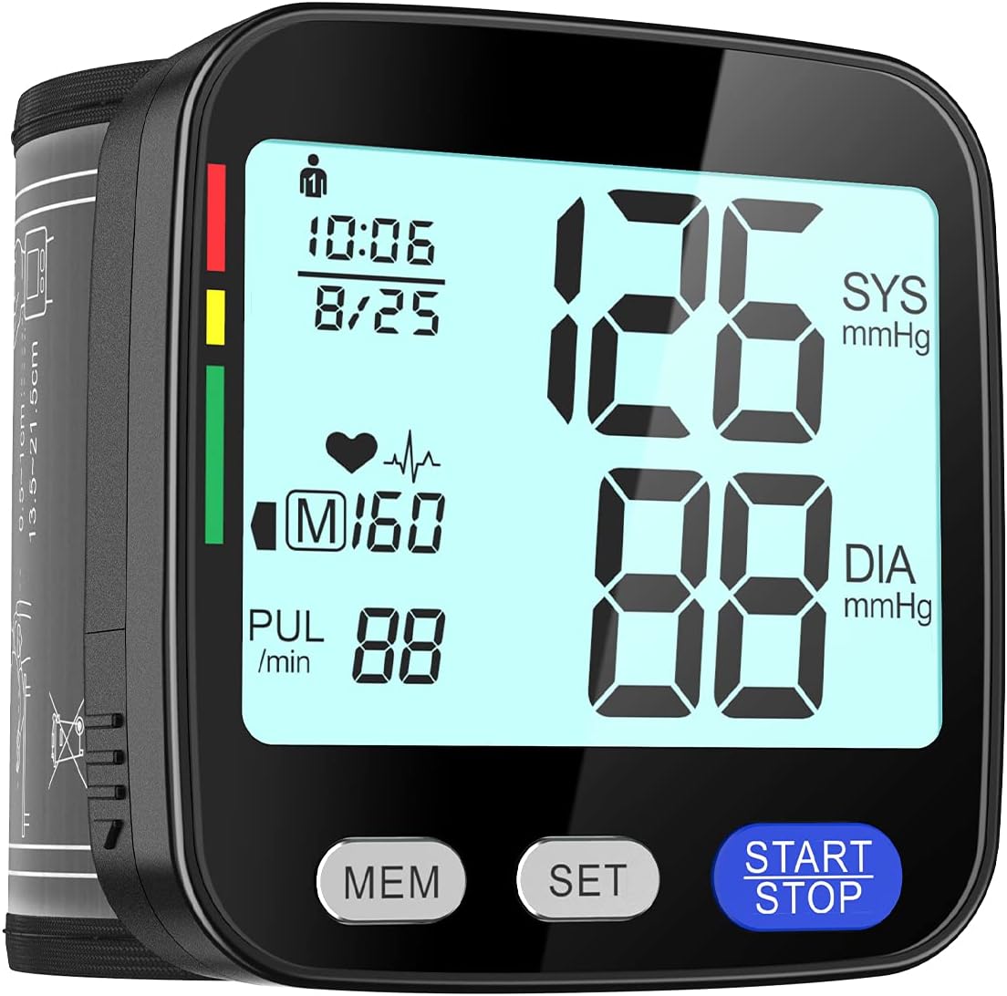 Blood Pressure Monitor, Wrist Blood Pressure Cuff Monitor for Home Use, Automatic Digital BP Machine with Irregular Heartbeat Detector, Large Backlit LCD Display, Dual Users Mode, 2x199 Memory, Black