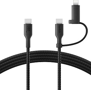 Belkin 2-in-1 USB-C to C/Lightning ケーブル ブレイデッド編組 60W PD急速充電 超高耐久 USB-IF認証 高速データ転送 1.5メートル ブラック CAC003fq1.5MBK