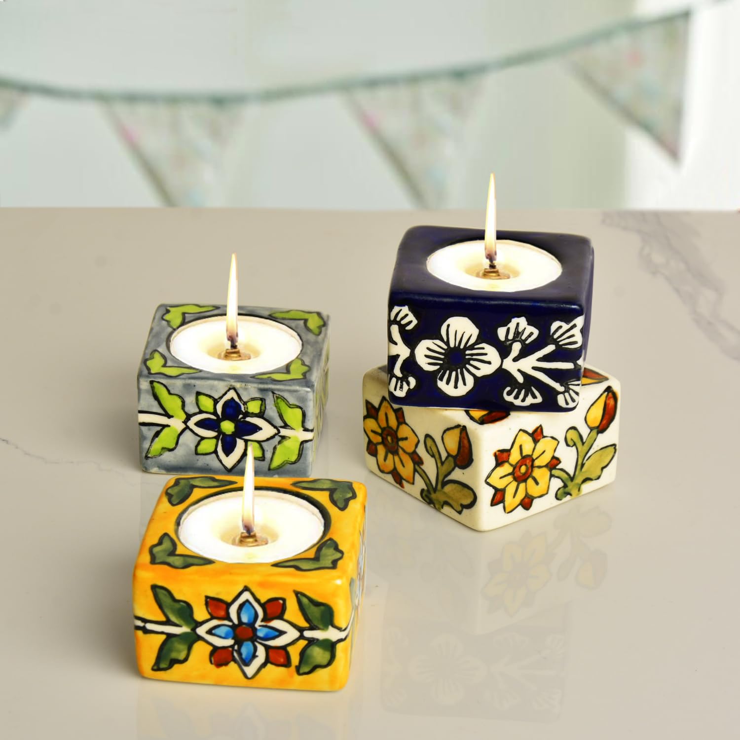 StyleMyWay Hand Painted Ceramic Tea Light Holder for Home Decoration (Multicolor, Set of 4, 2 inches) | Handmade Home Decor Items-image-13