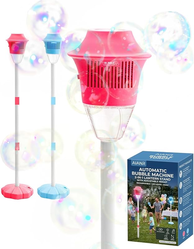 Automatic Bubble Machine 2-in-1 Lantern Stand with Adjustable Height Rechargeable Design Built-in Lights Music for Handheld & Standing Use Ideal for Indoor Outdoor Parties Birthday(Red)