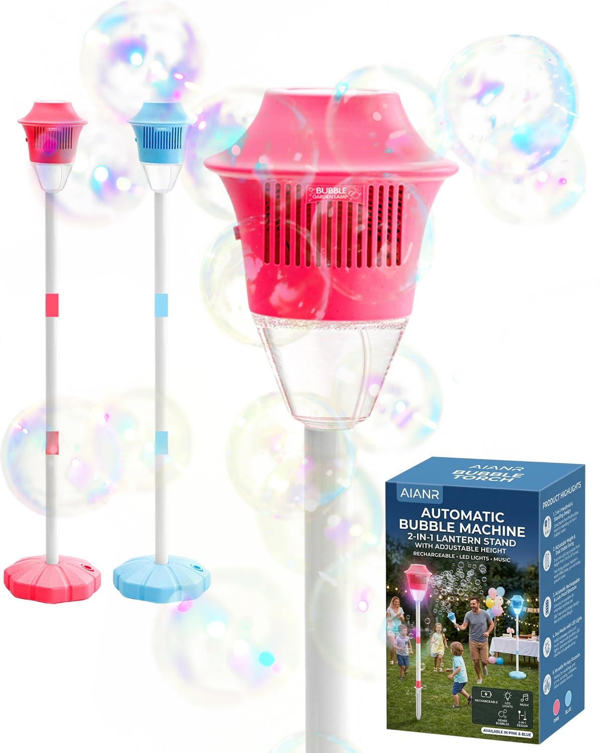 Automatic Bubble Machine 2-in-1 Lantern Stand with Adjustable Height Rechargeable Design Built-in Lights Music for Handheld & Standing Use Ideal for Indoor Outdoor Parties Birthday(Red) - 1