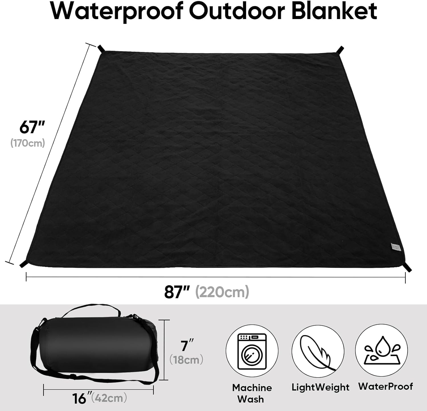 Waterproof Camping Blanket w/Fleece Lining, Large Stadium Blankets for Outdoor Cold Weather, Windproof Emergency Throw, LightWeight and Warm for Hiking, Dog, Picnic, Washable, 67”X 87” (Black, 1PCS)