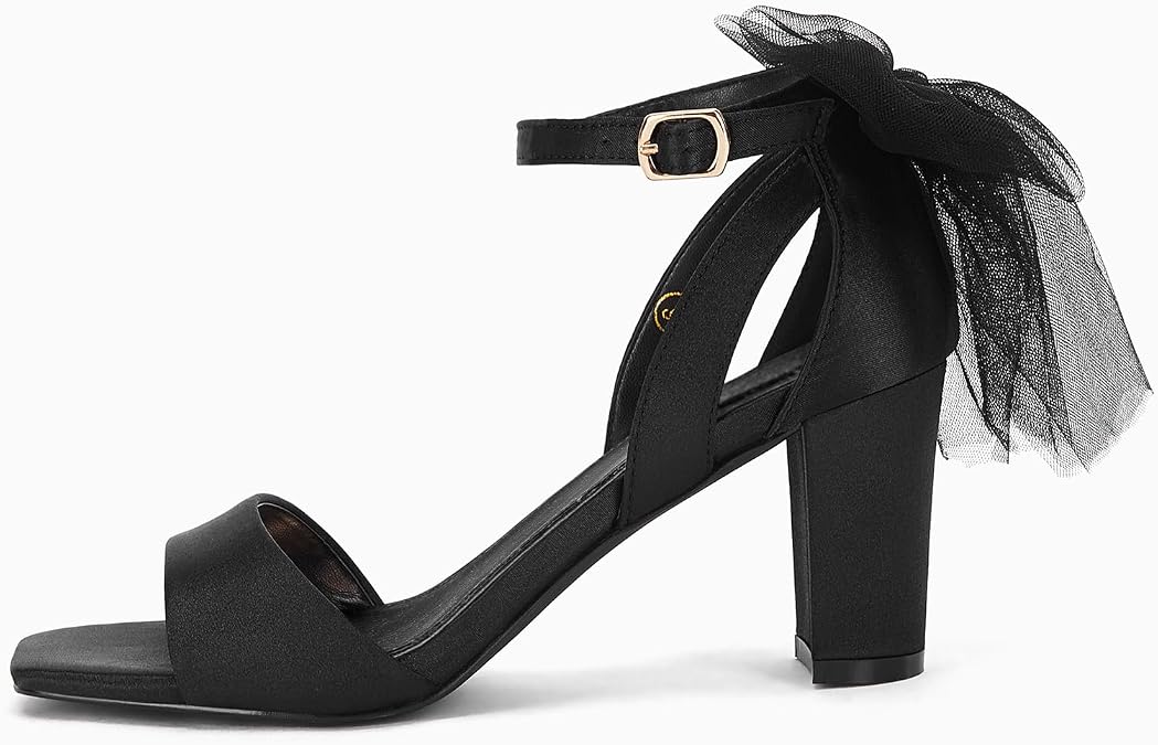 Coutgo Women's Bow Tie Heeled Sandals Chunky Heels One Strap Satin Ankle Buckle Dress Wedding Shoes