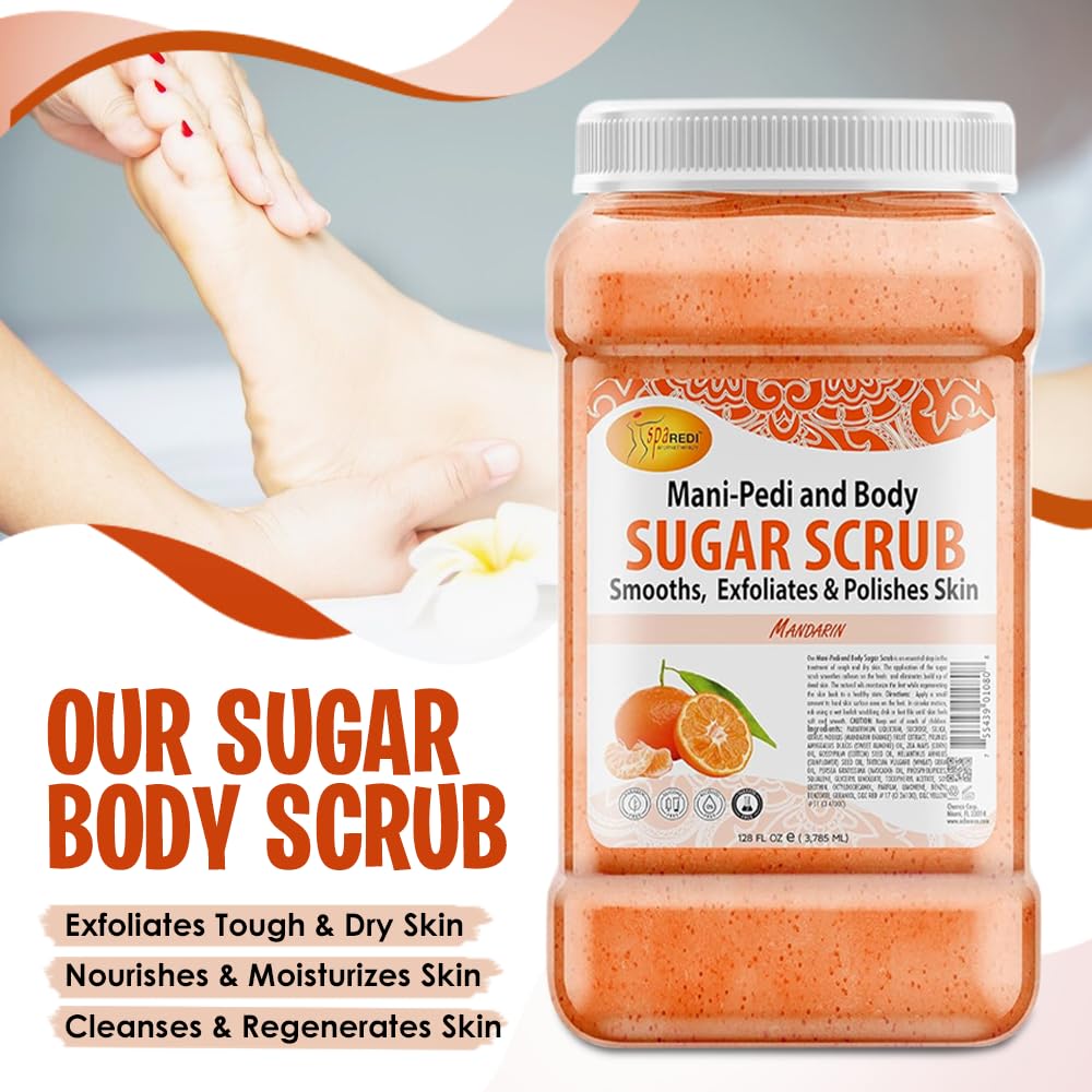 SPA REDI - Sugar Body Scrub, Mandarin, 128 Oz, Exfoliating, Moisturizing, Hydrating and Nourishing, Glow, Polish, Smooth and Fresh Skin - Body Exfoliator