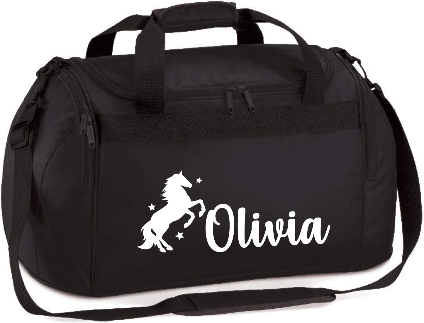Personalised Glitter Equestrian Horse Riding Holdall Girls Boys Womens Kit Bag, Black/White Print
