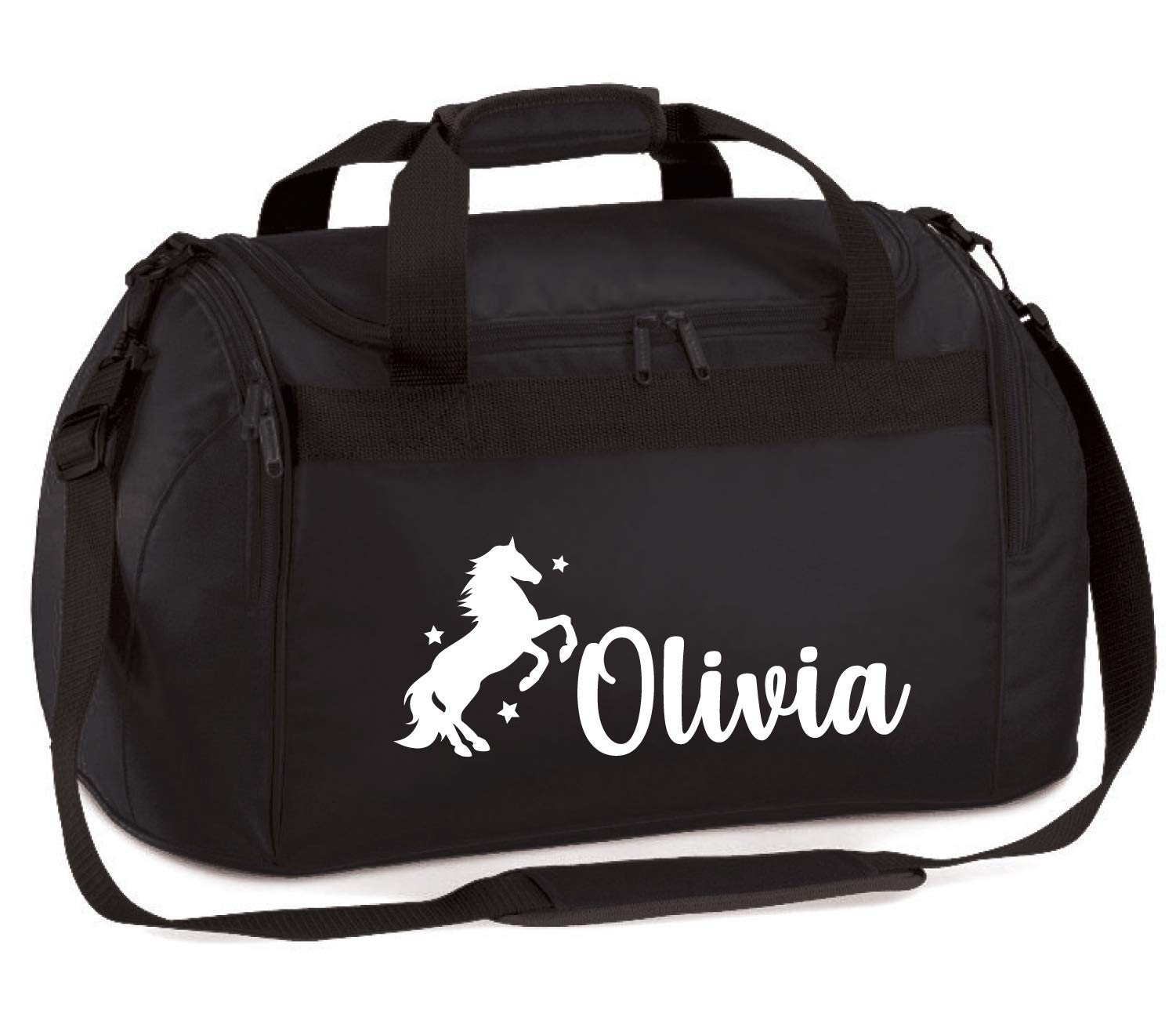 Personalised Glitter Equestrian Horse Riding Holdall Girls Boys Womens Kit Bag, Black/White Print