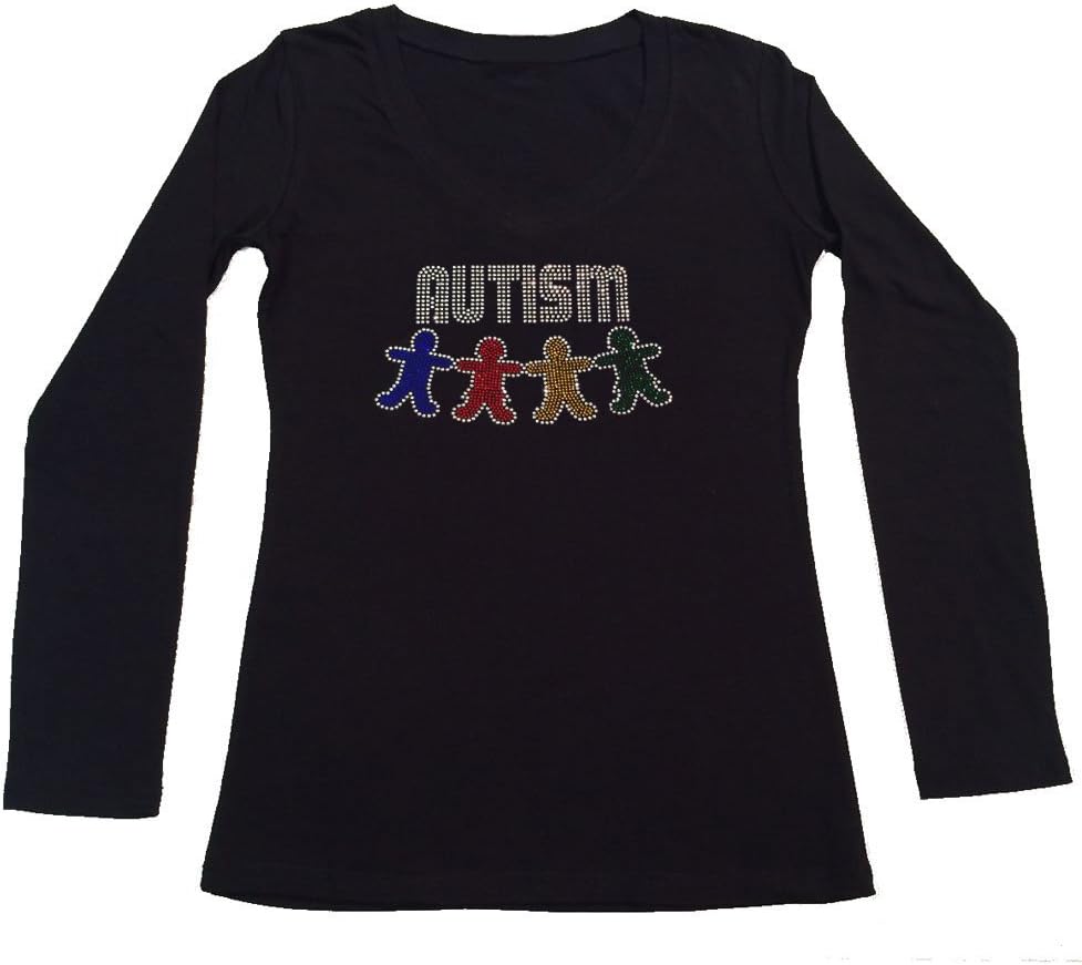 Women's Rhinestone Fitted Tight Snug Shirt Autism Awareness with Kids