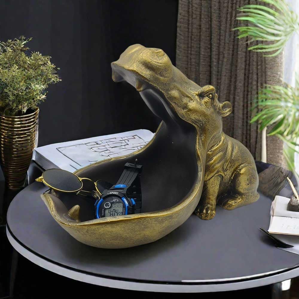 Funny Hippo Statue With Bowl - Resin Candy Dish, Key Holder, Or Planter - Whimsical Home Decor Sculpture In Gold & Teal - View #9