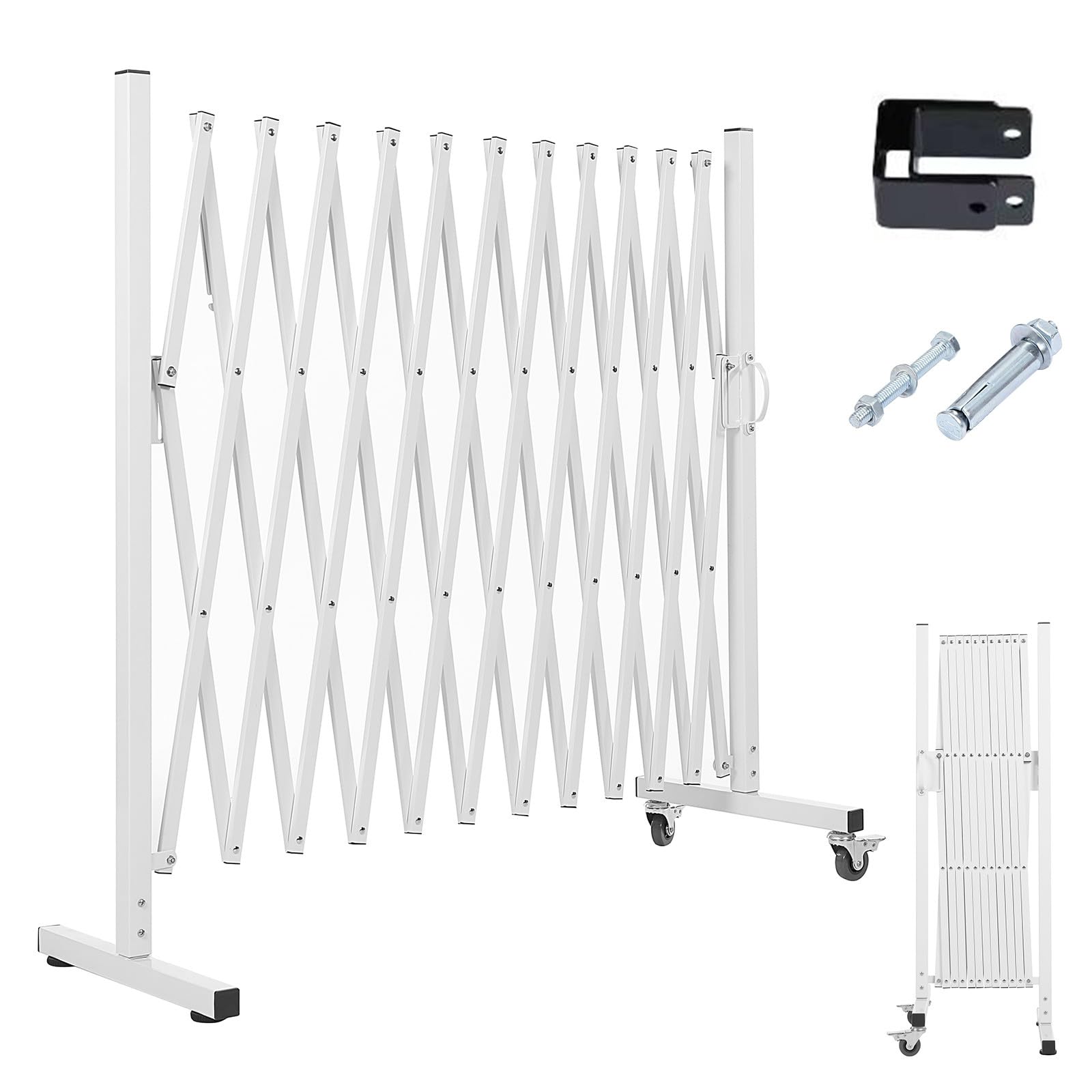 metal expandable barrier fence for dogs, portable barricade gate with casters, foldable pet gate indoor outdoor for rooms, stairs, driveway, garage, yard, doorways, 11 feet, white