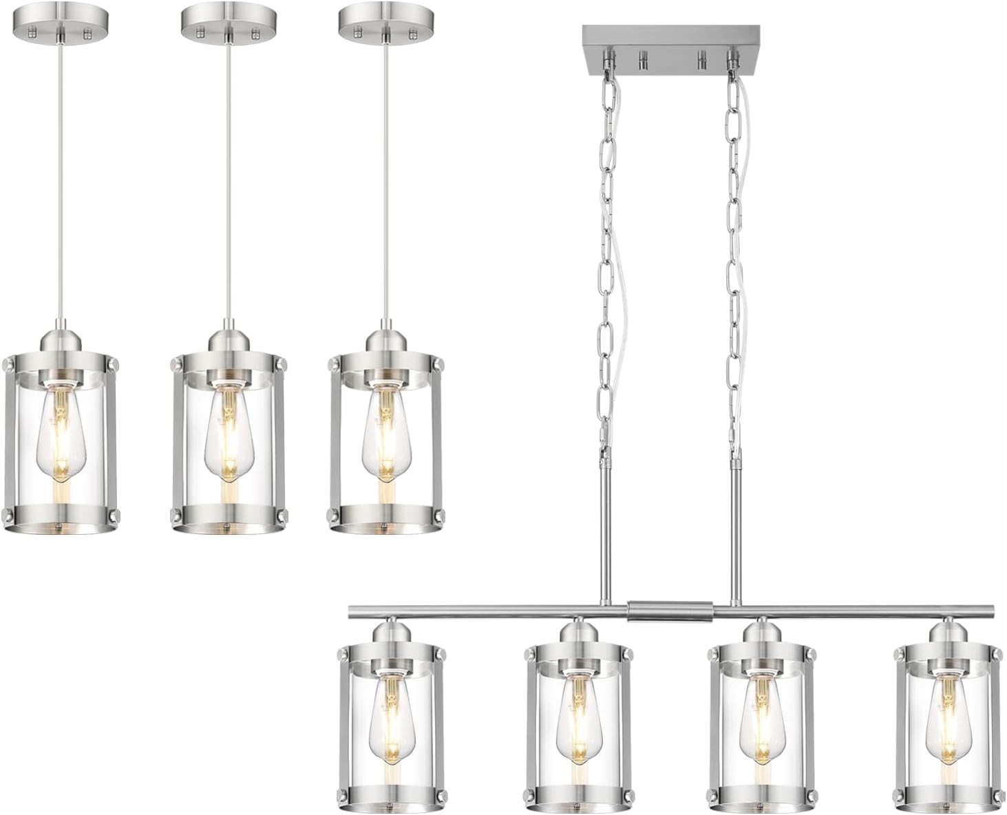 Brushed Nickel 3-Light Pendant Lighting and 4-Light Kitchen Island Lighting with Clear Glass for Dining Room
